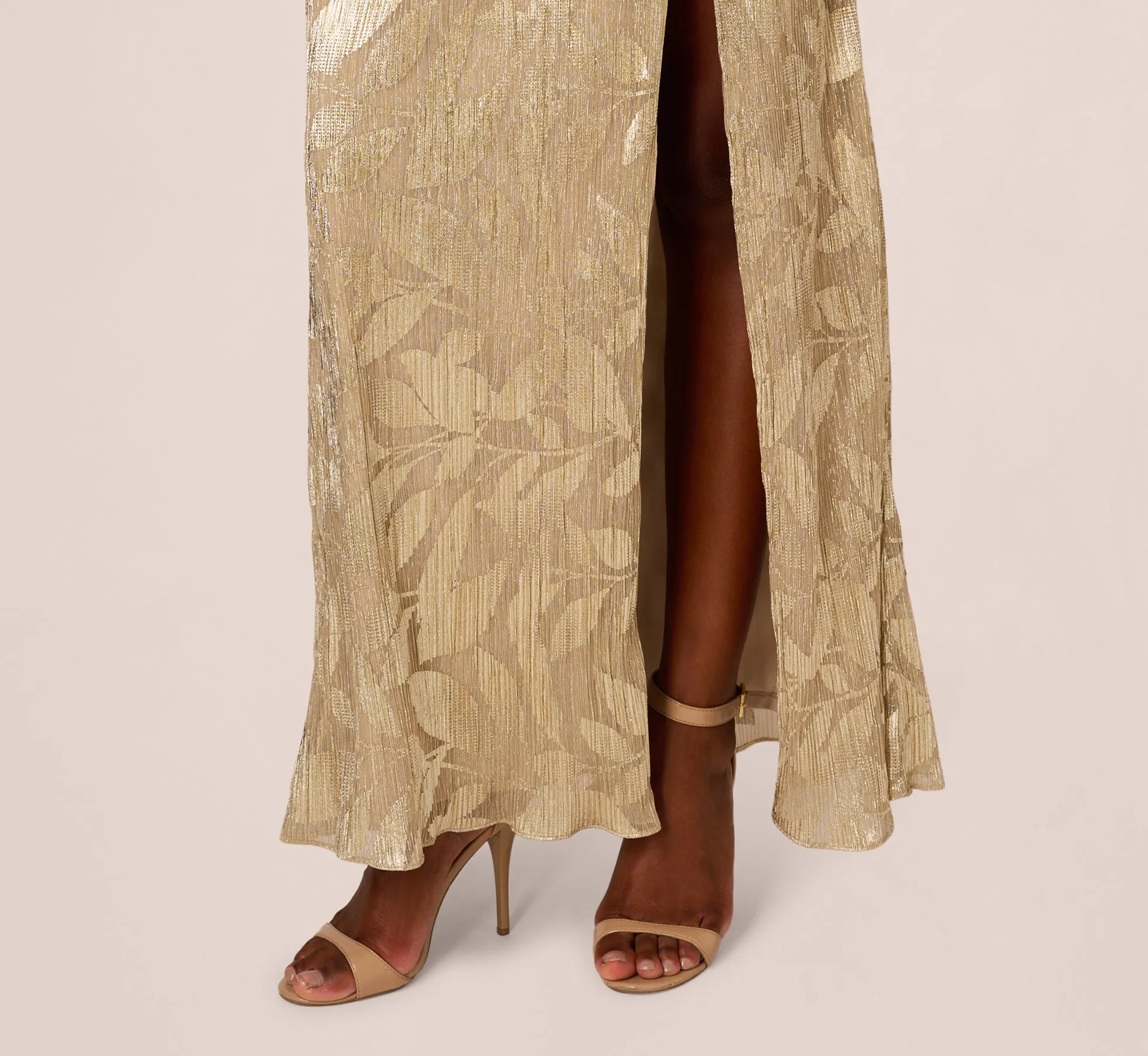 Foil Printed Asymmetric Gown With Ruffled Detail In Champagne Gold