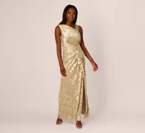 Foil Printed Asymmetric Gown With Ruffled Detail In Champagne Gold