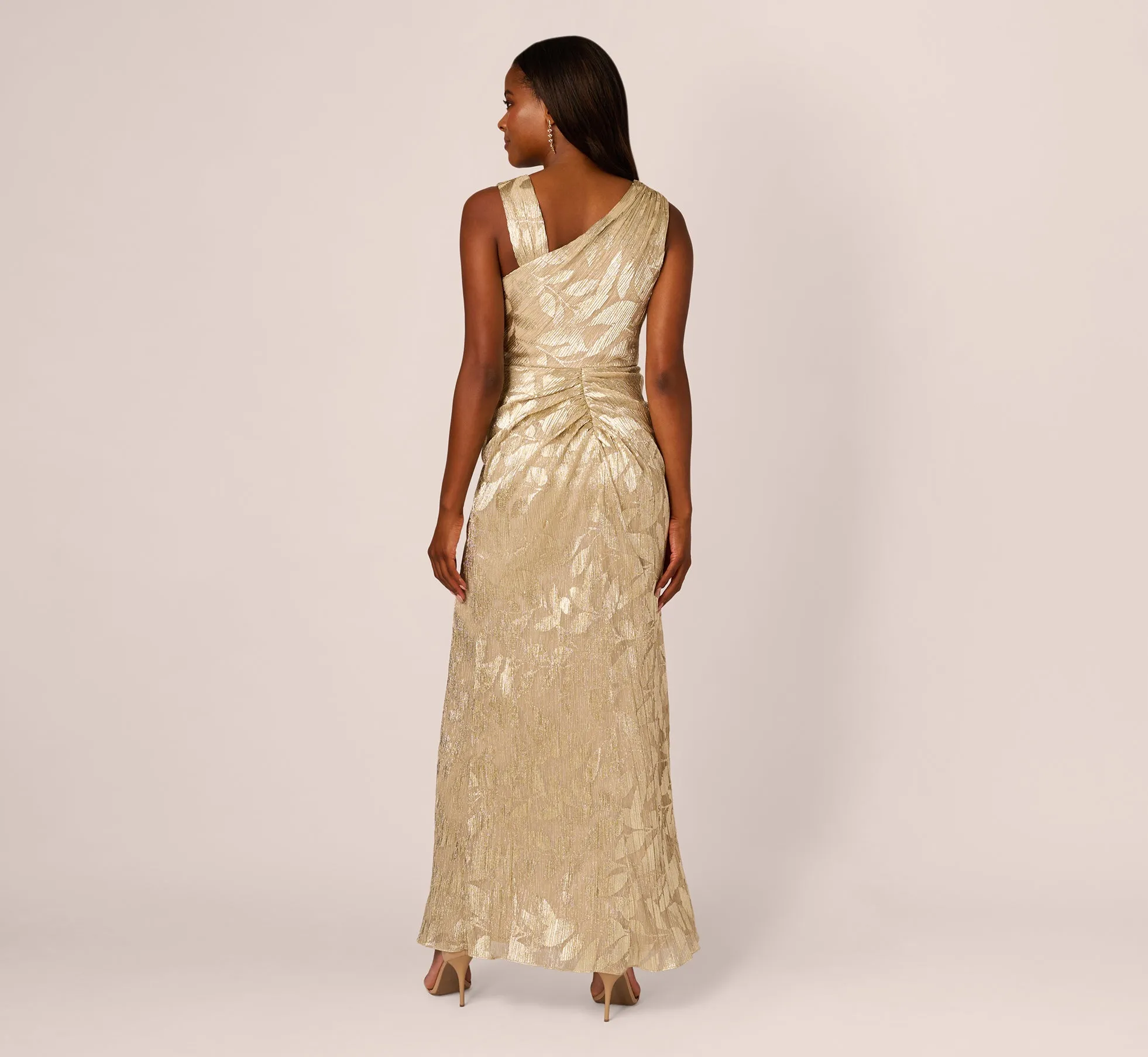 Foil Printed Asymmetric Gown With Ruffled Detail In Champagne Gold