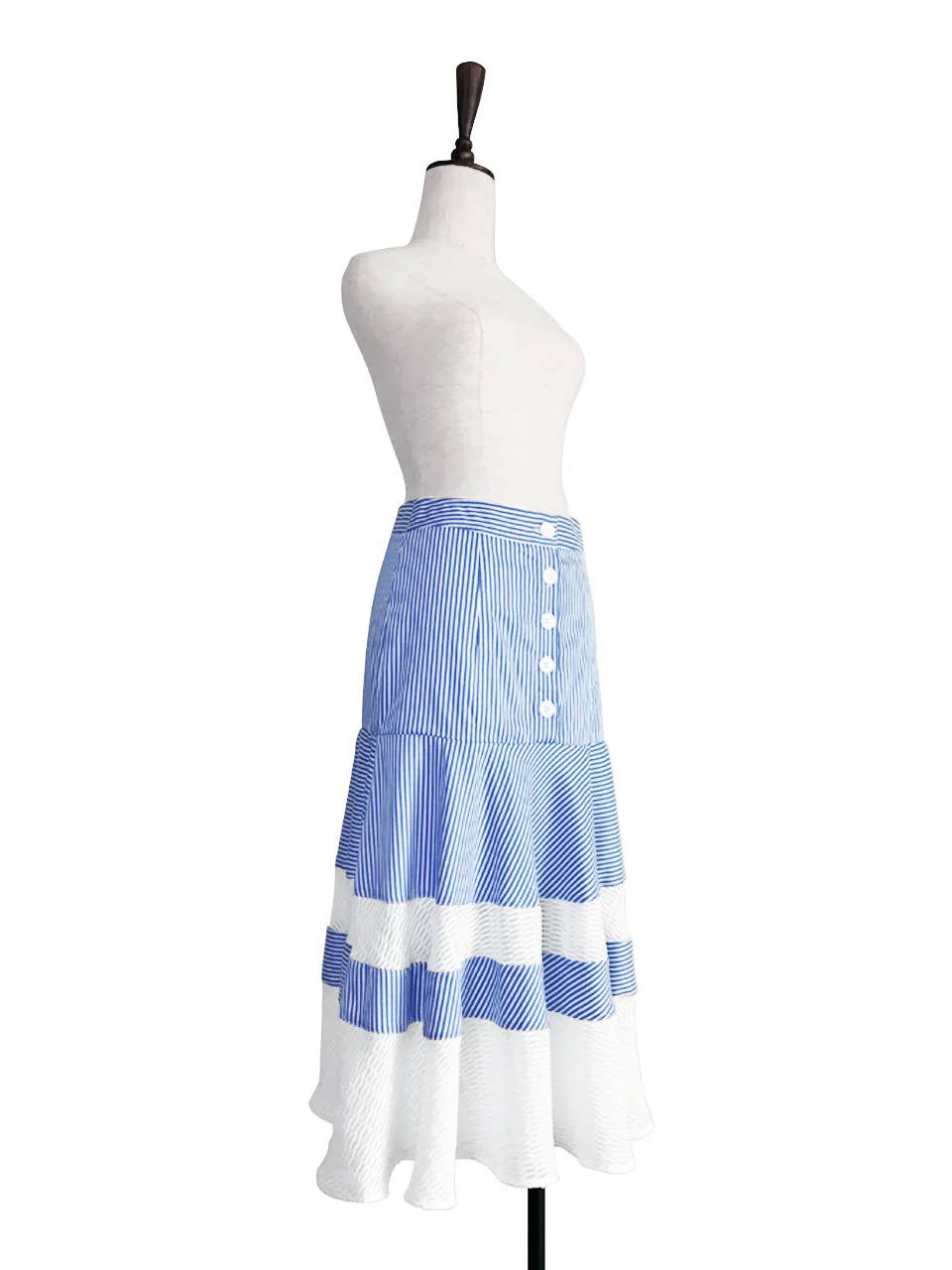 Further Sale! Blue Stripe Geometric Lace Ruffle Midi Skirt