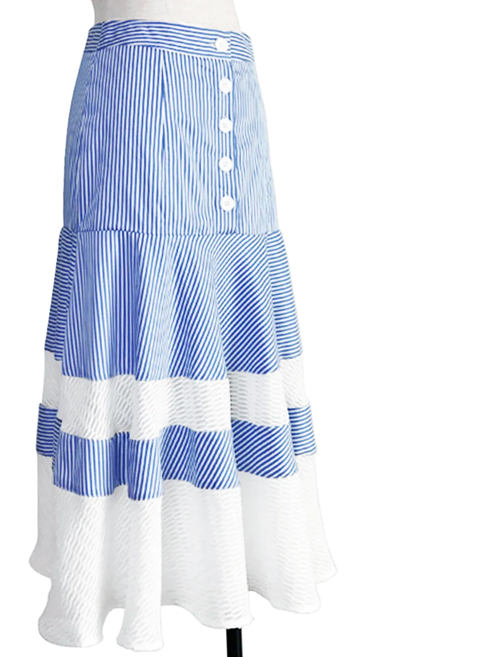 Further Sale! Blue Stripe Geometric Lace Ruffle Midi Skirt