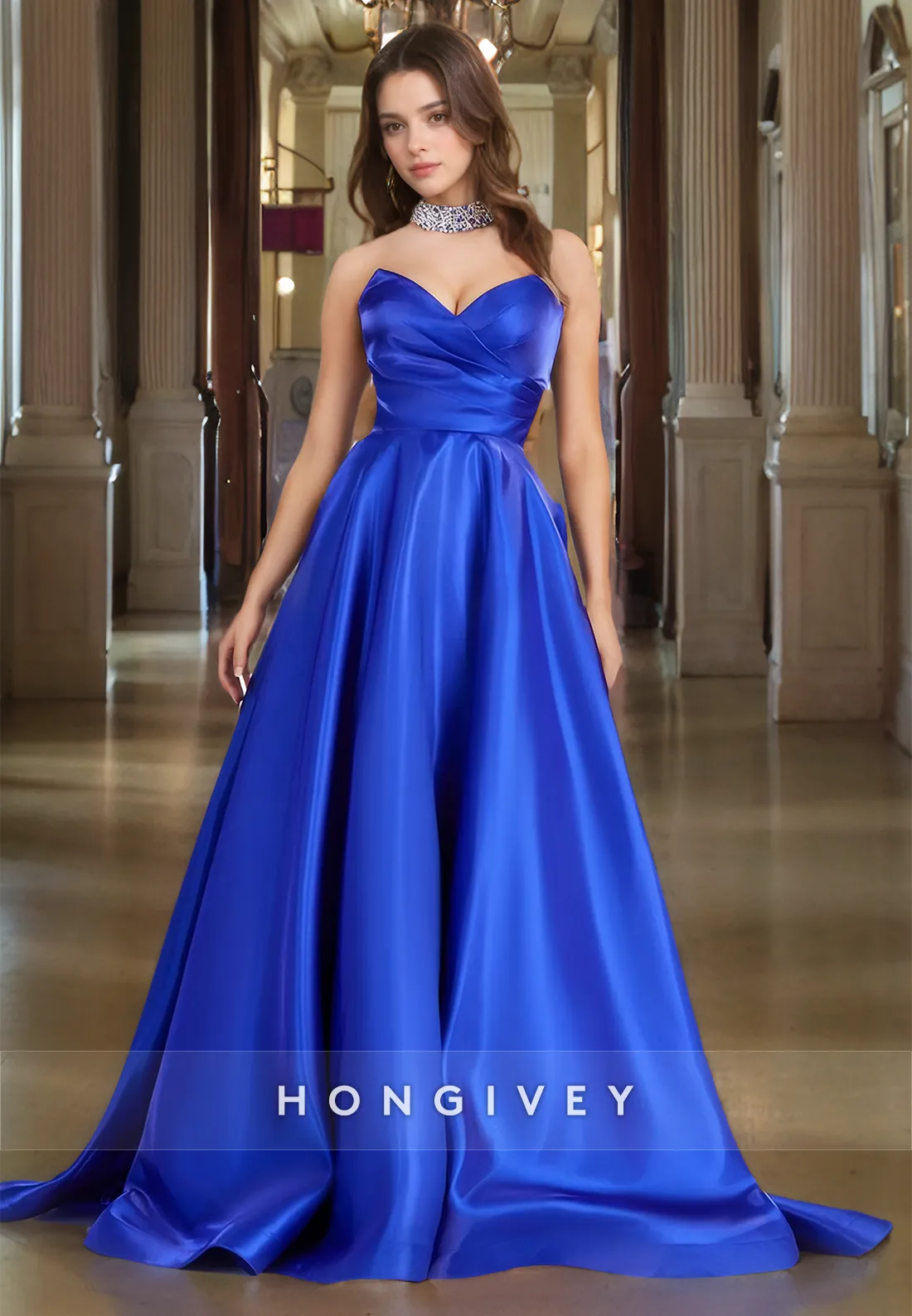 Graceful Satin Sweetheart Draped A-Line Prom Dress Strapless Floor Length Party Dresses