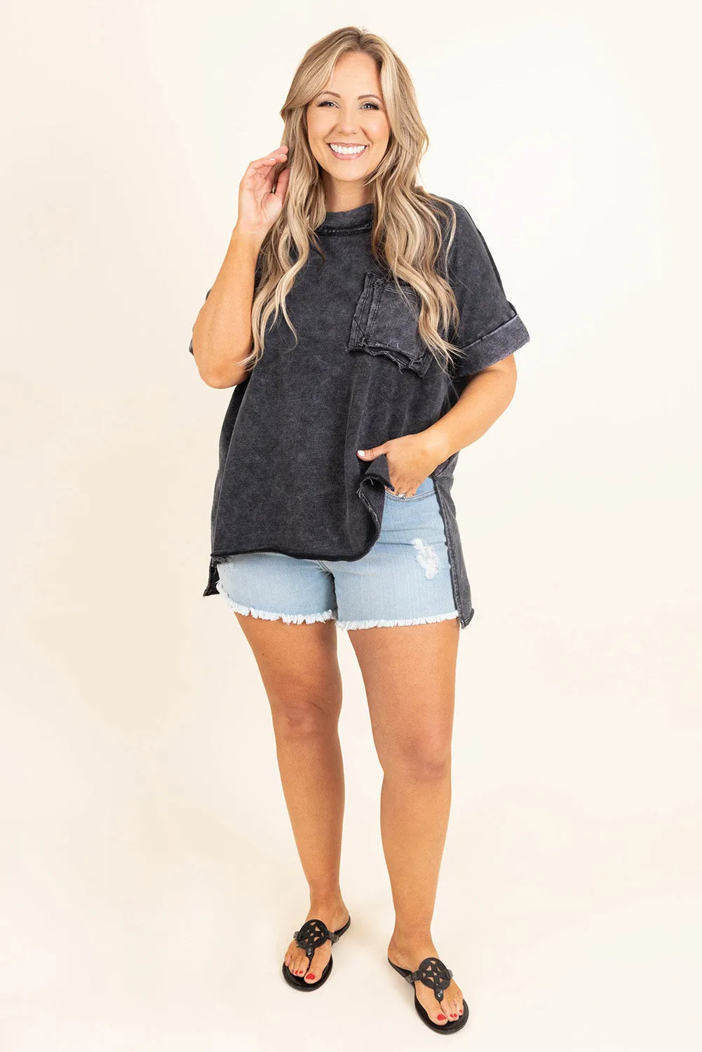 Gray Mineral Wash Distressed Slit Patch Pocket Oversize Tee