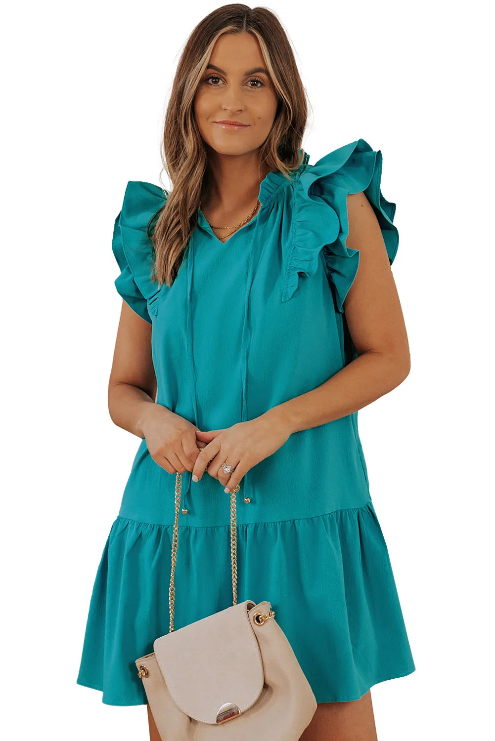 Green Tiered Ruffled Drawstring V Neck Short Dress With Pockets