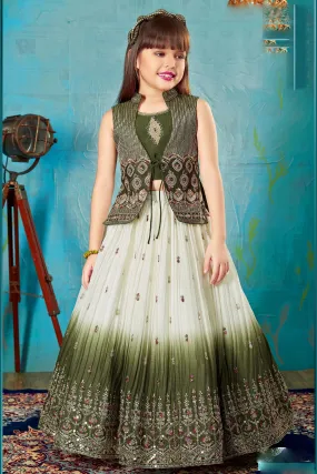 Green with Cream Zari and Sequins work Attached Overcoat Lehenga Choli for Girls