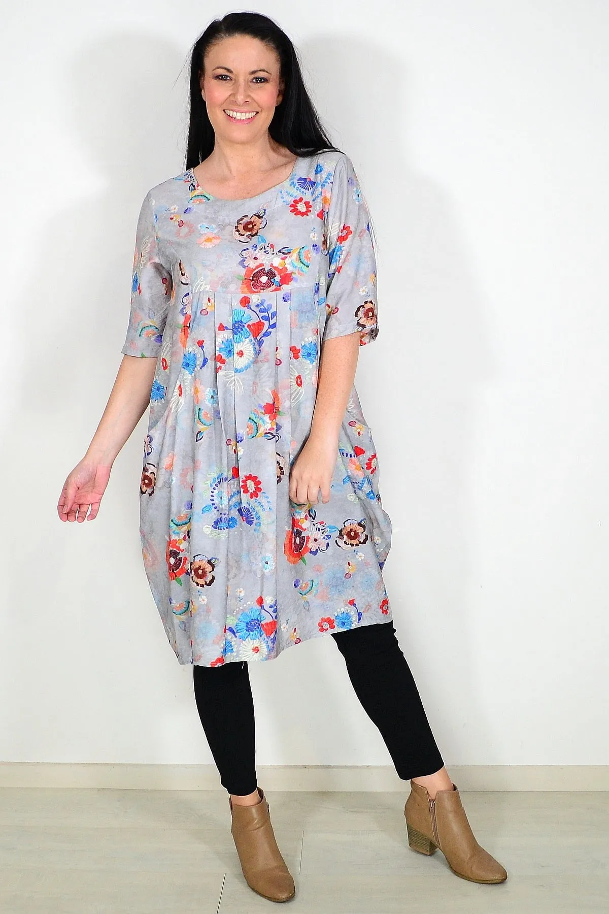 Grey Floral Print Tunic Dress