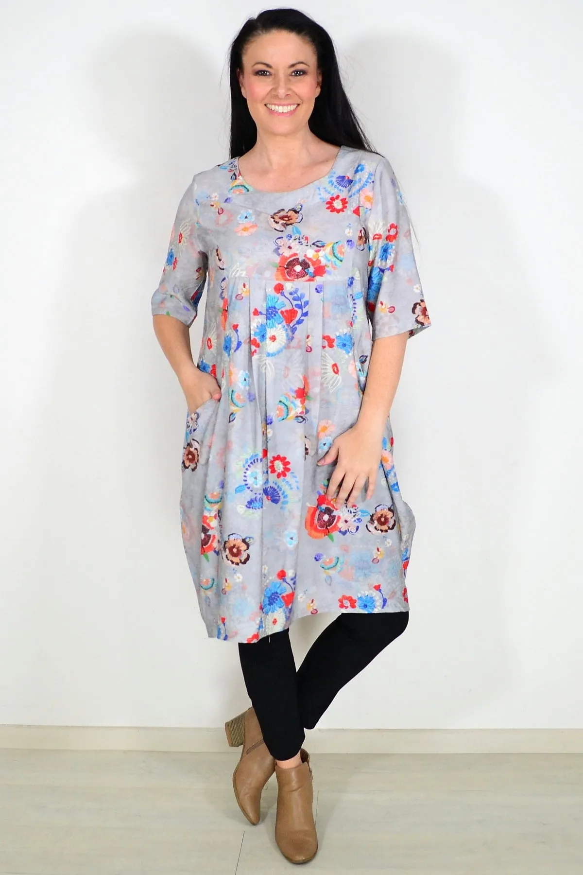 Grey Floral Print Tunic Dress