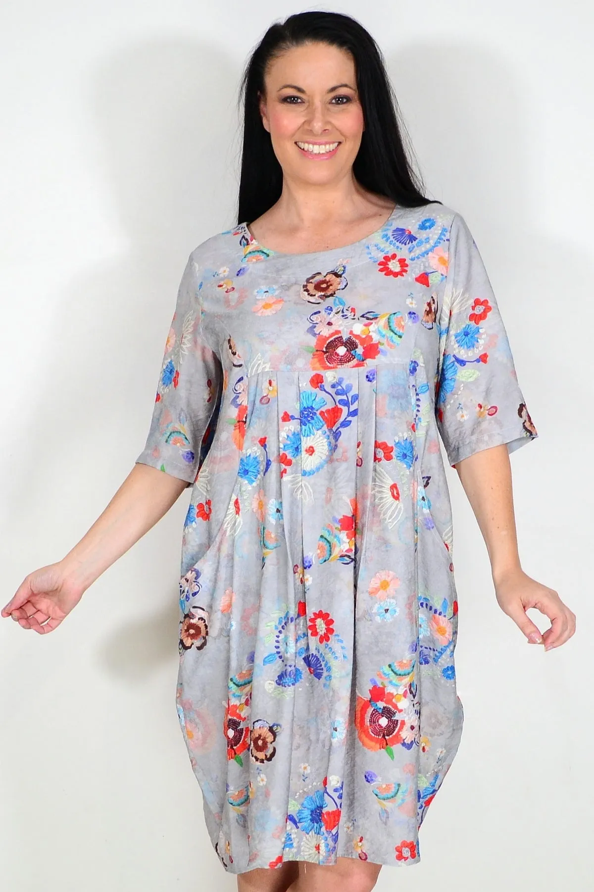 Grey Floral Print Tunic Dress