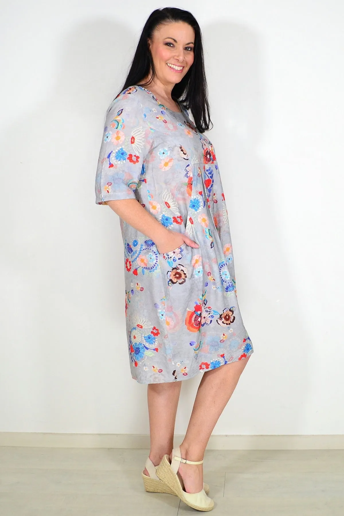 Grey Floral Print Tunic Dress