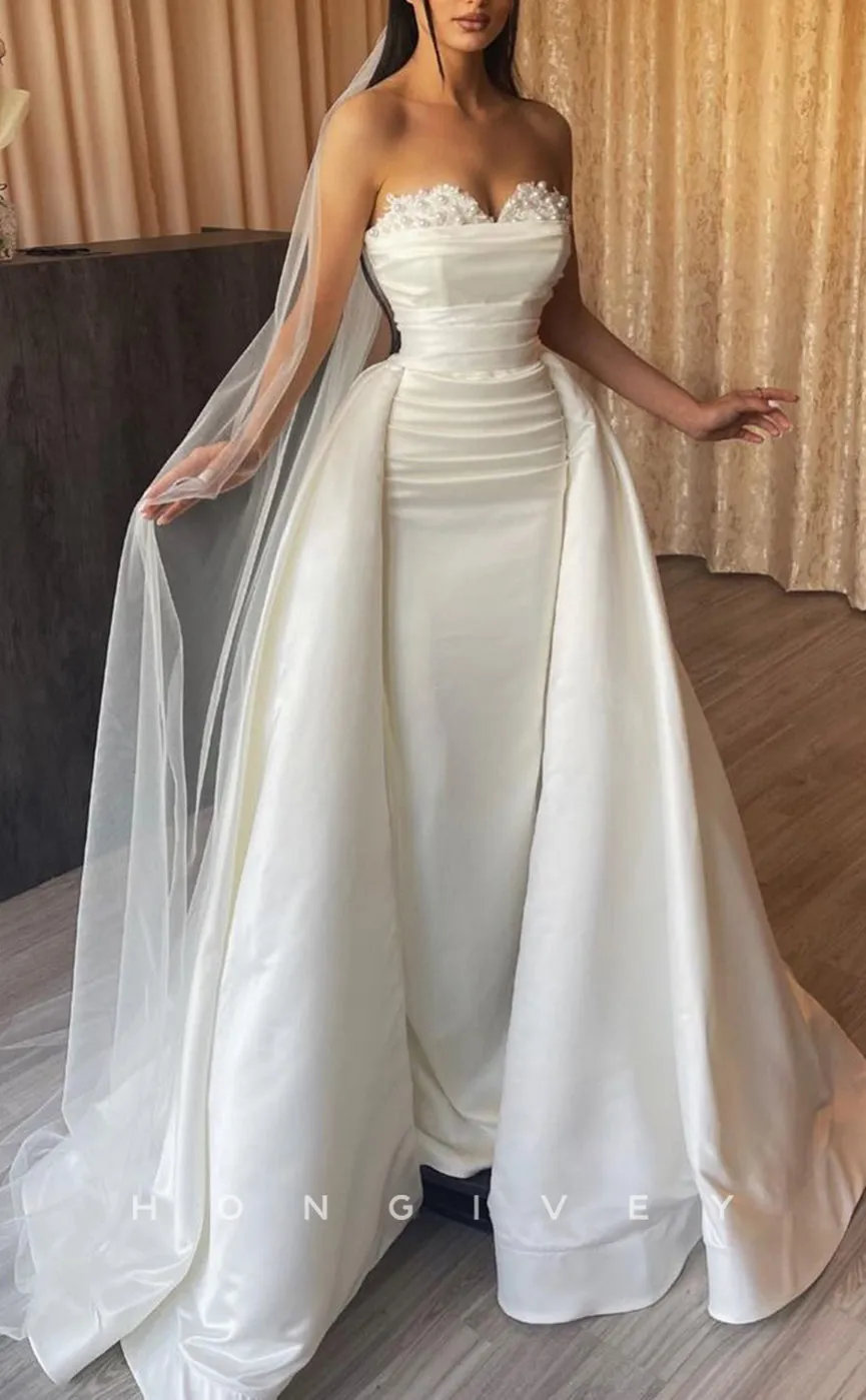 H1161 - Sexy A-Line Satin Sweetheart Strapless Sleeveless Draped Draped Train Wedding Dress