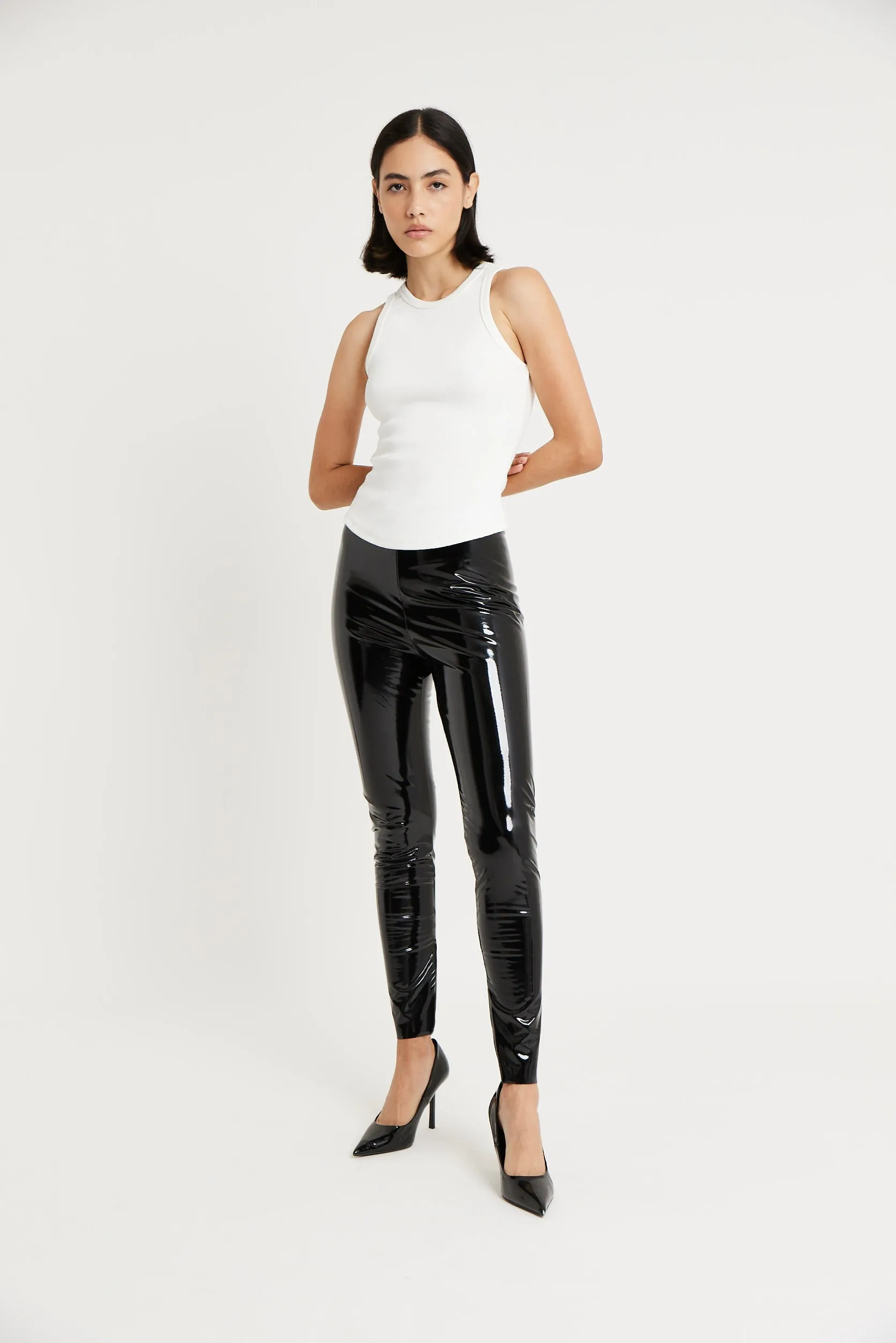 High Waisted Vinyl Leggings - Black