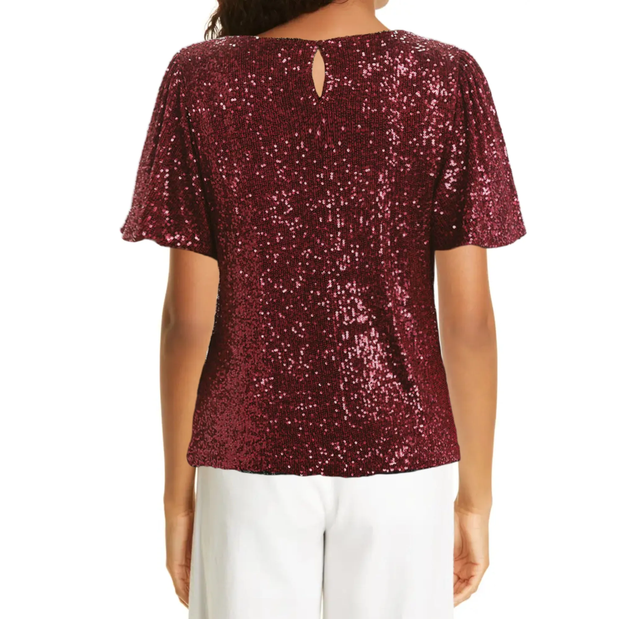 Hilary Radley Women's Flutter Sleave Keyhole Back Sequin Blouse Top