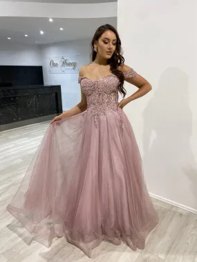 Honey Couture DEJA Dusty Pink Mauve Lace Applique Corset Ballgown