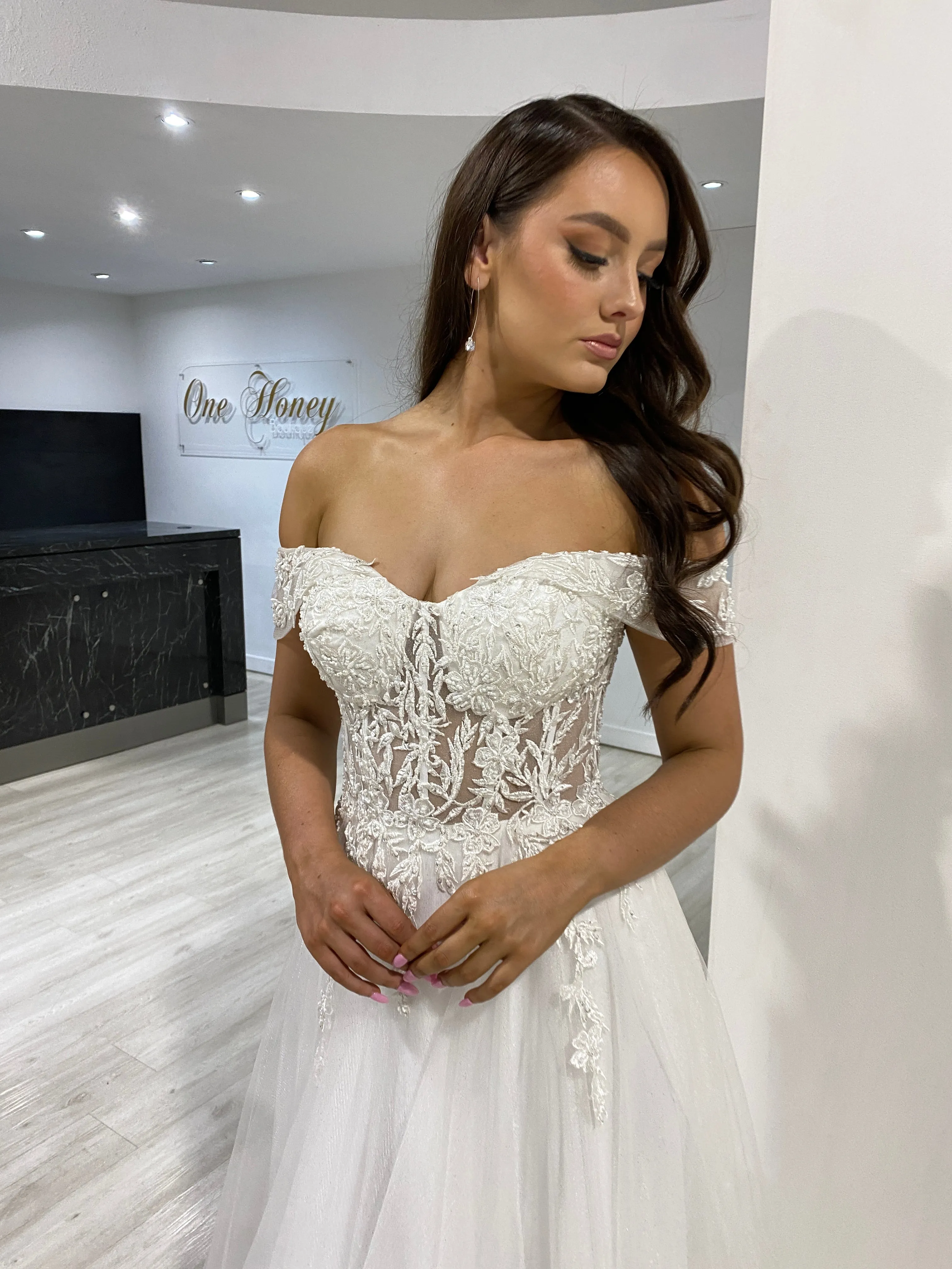 Honey Couture DEJA White Lace Applique Corset Ballgown