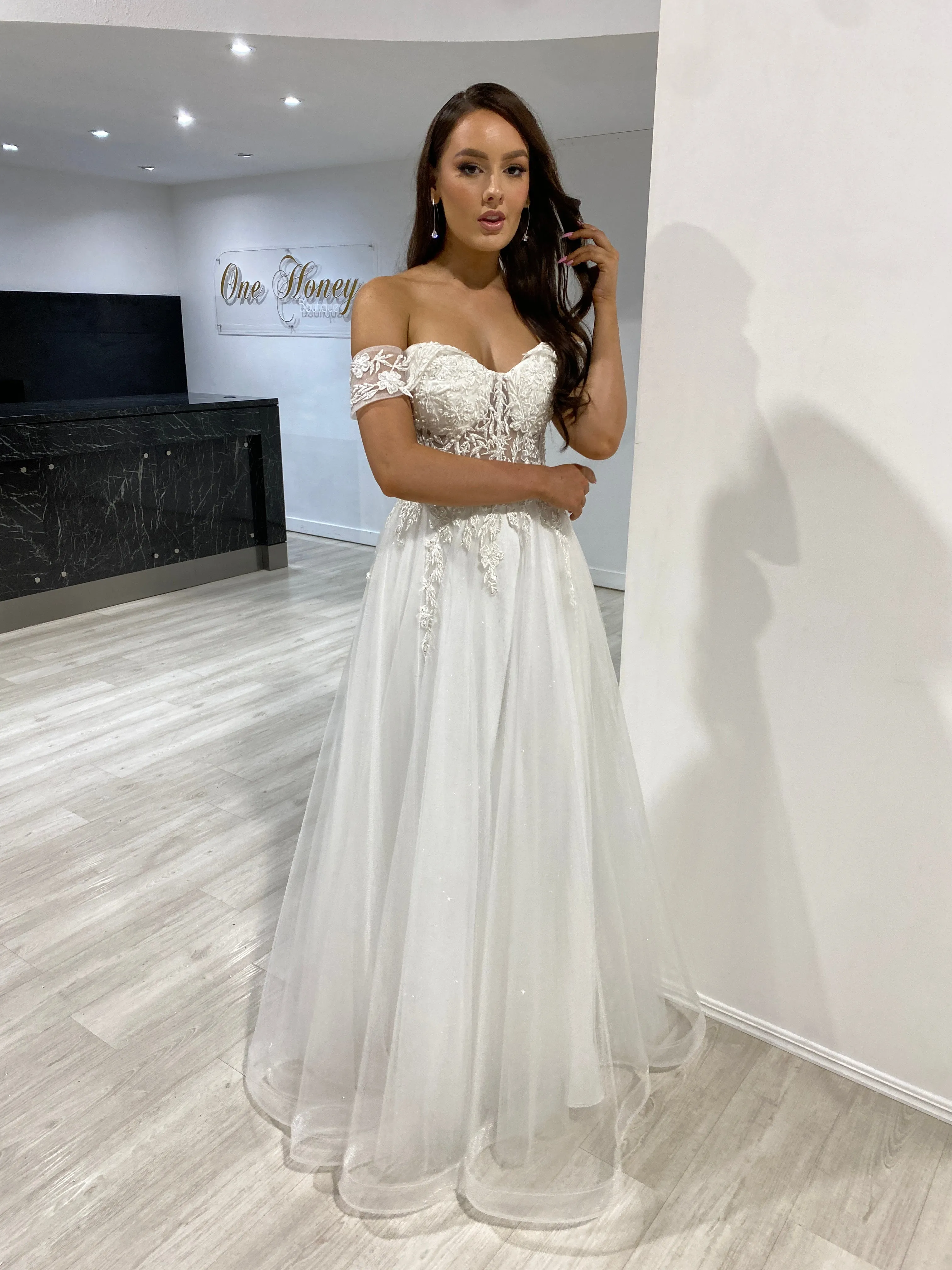 Honey Couture DEJA White Lace Applique Corset Ballgown