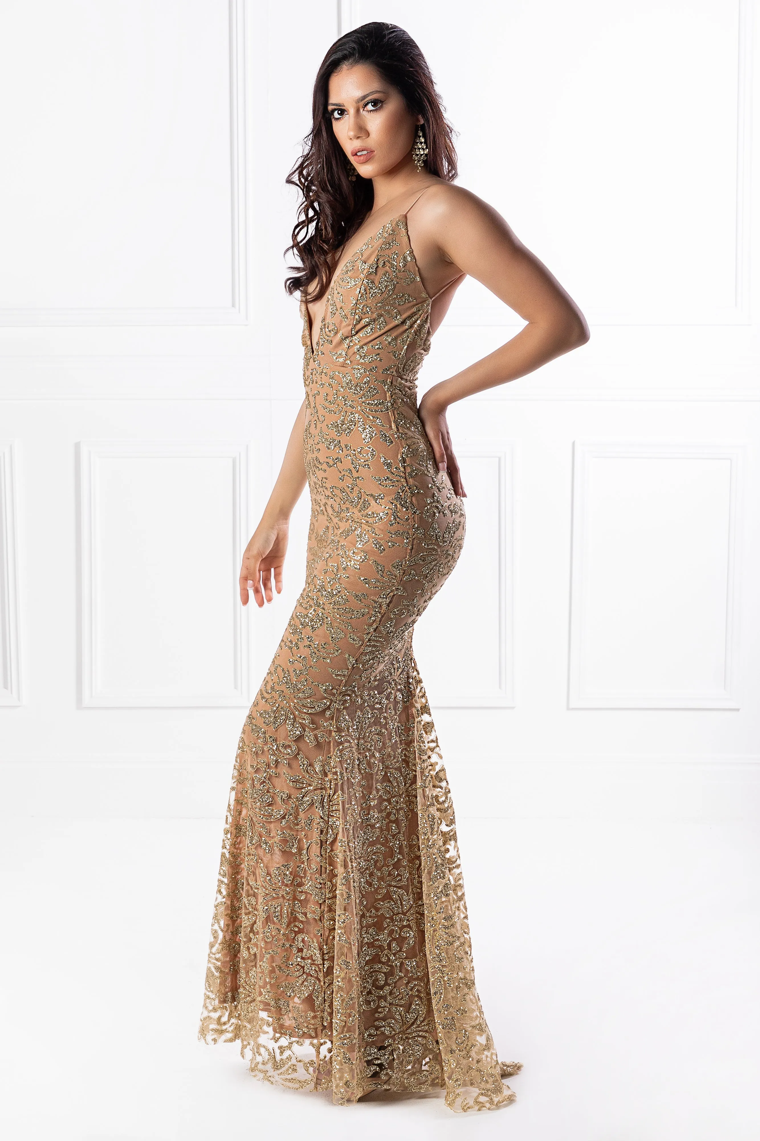 Honey Couture ETTA Gold Lace & Glitter Overlay Mermaid Formal Gown Dress