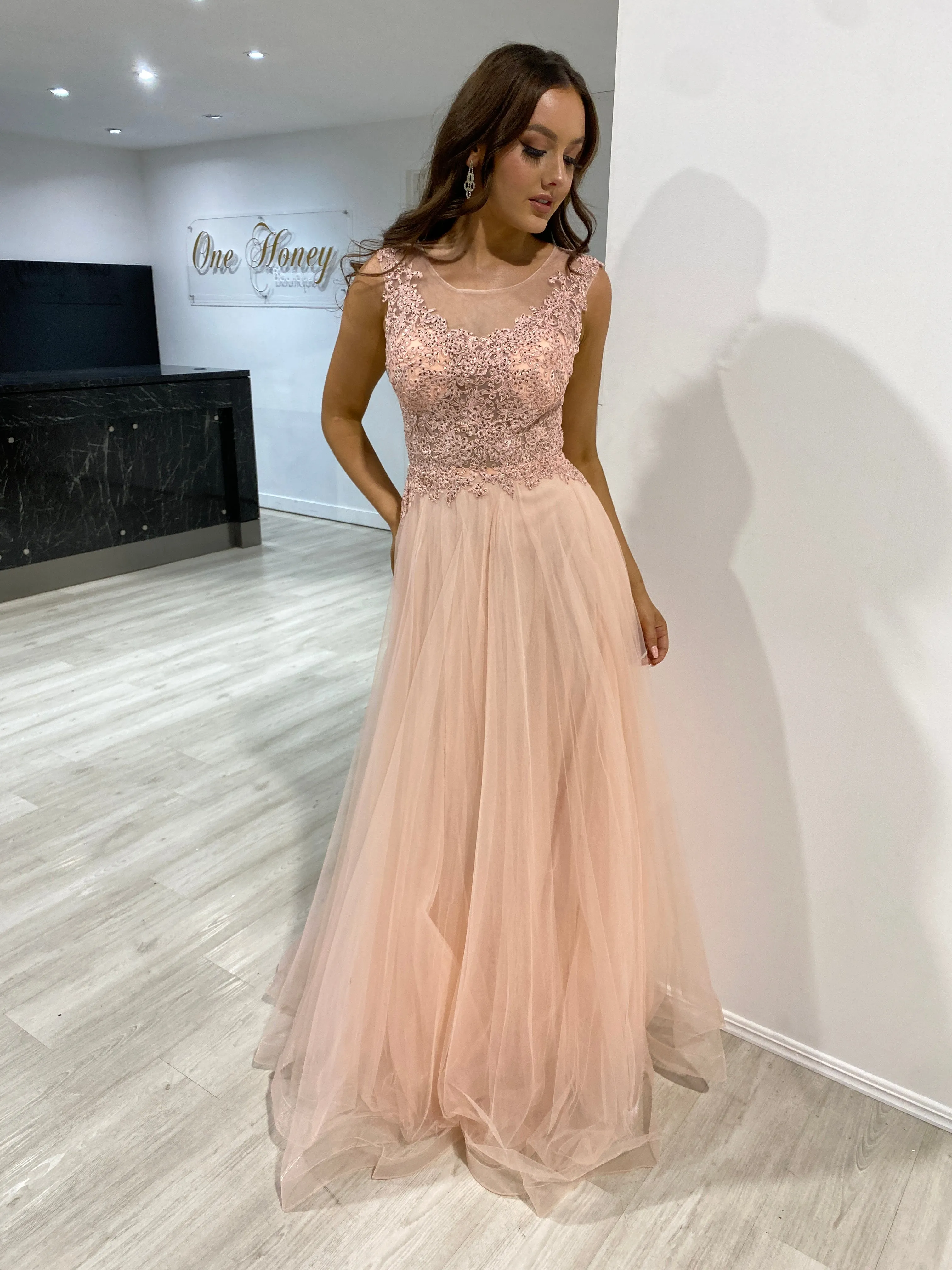 Honey Couture MADDIE Blush Tulle Lace Bodice Formal Dress