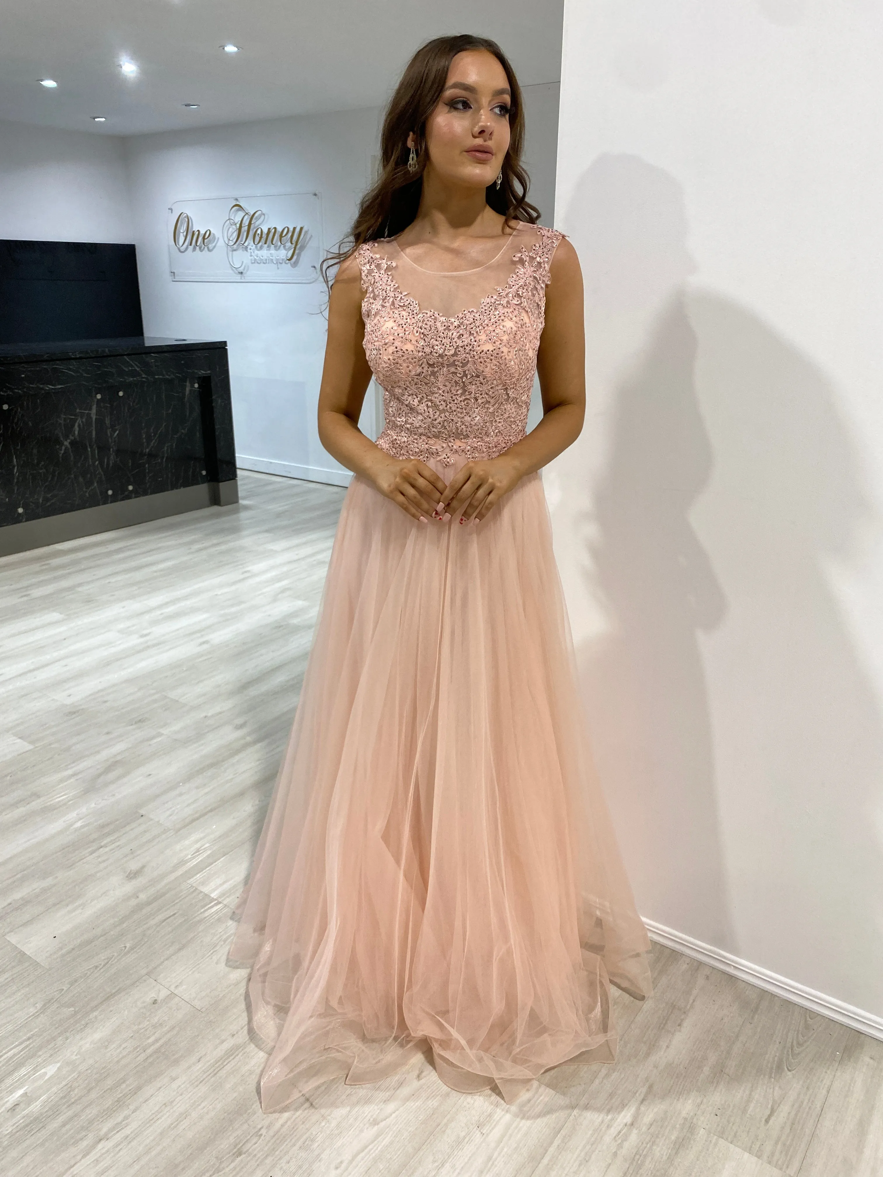 Honey Couture MADDIE Blush Tulle Lace Bodice Formal Dress