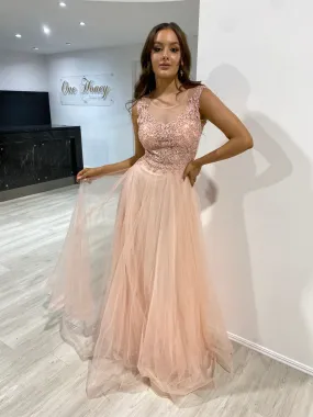 Honey Couture MADDIE Blush Tulle Lace Bodice Formal Dress