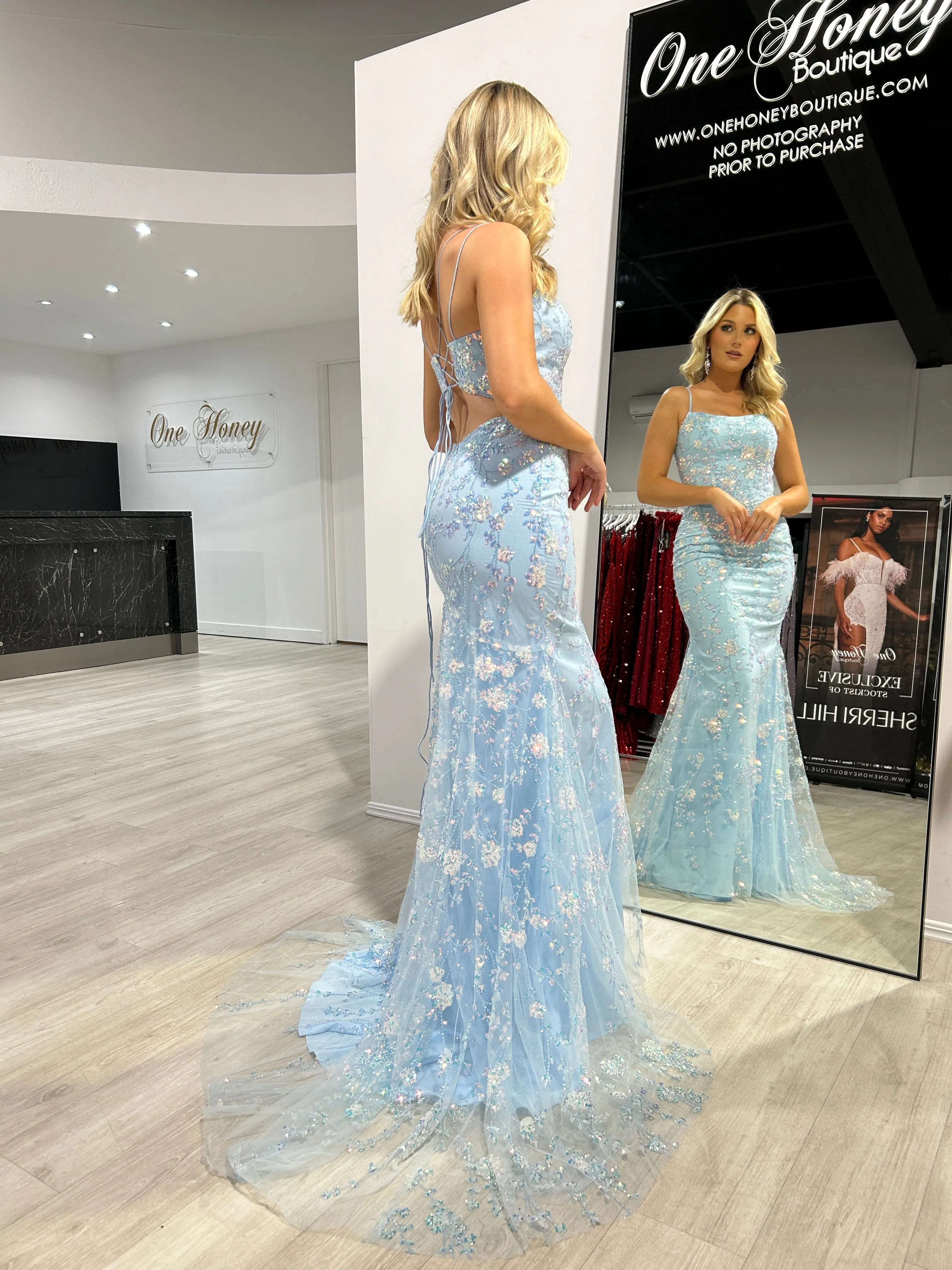 Honey Couture POSY Sky Blue Lace Sequin Applique Mermaid Formal Dress