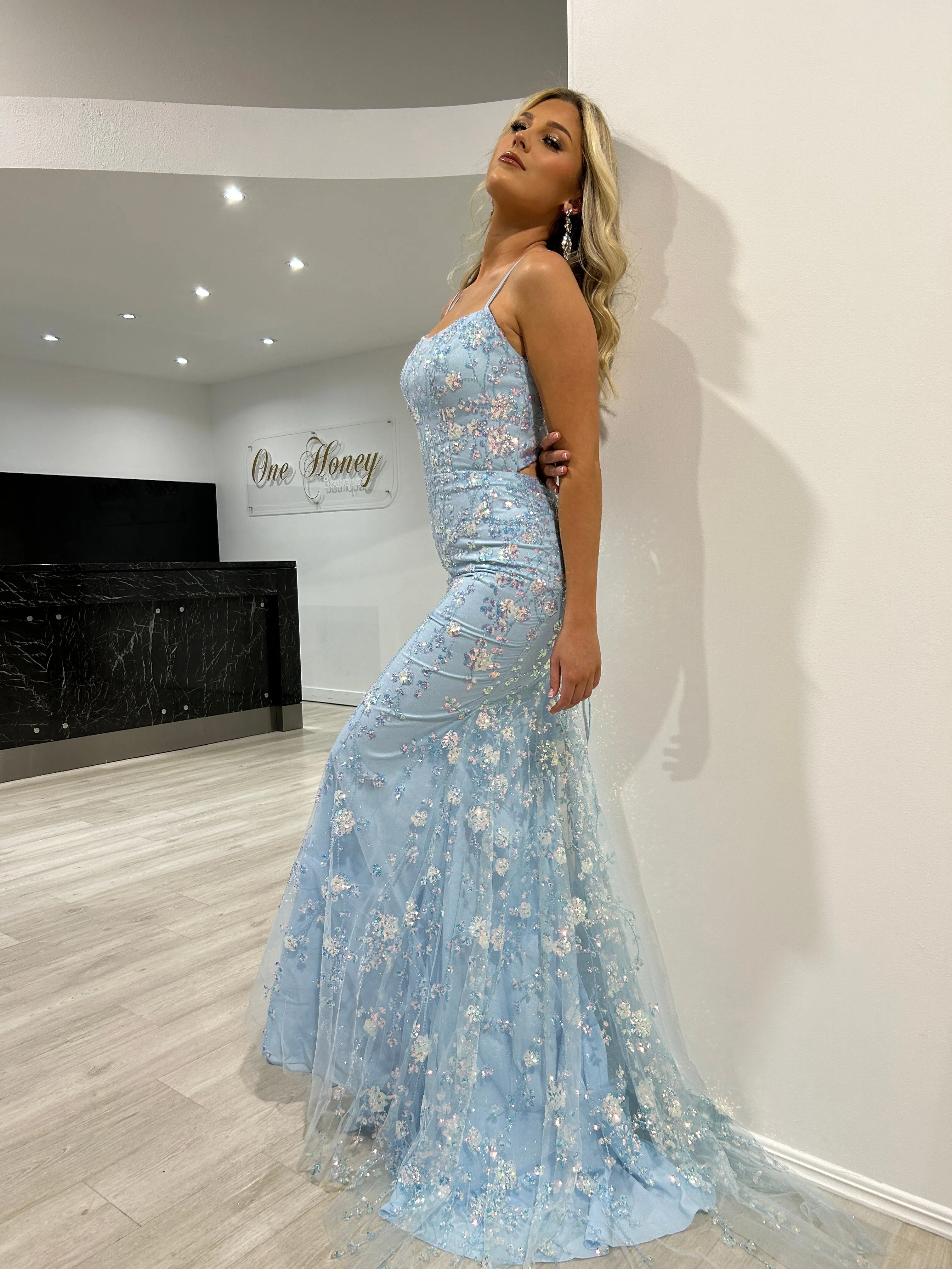 Honey Couture POSY Sky Blue Lace Sequin Applique Mermaid Formal Dress