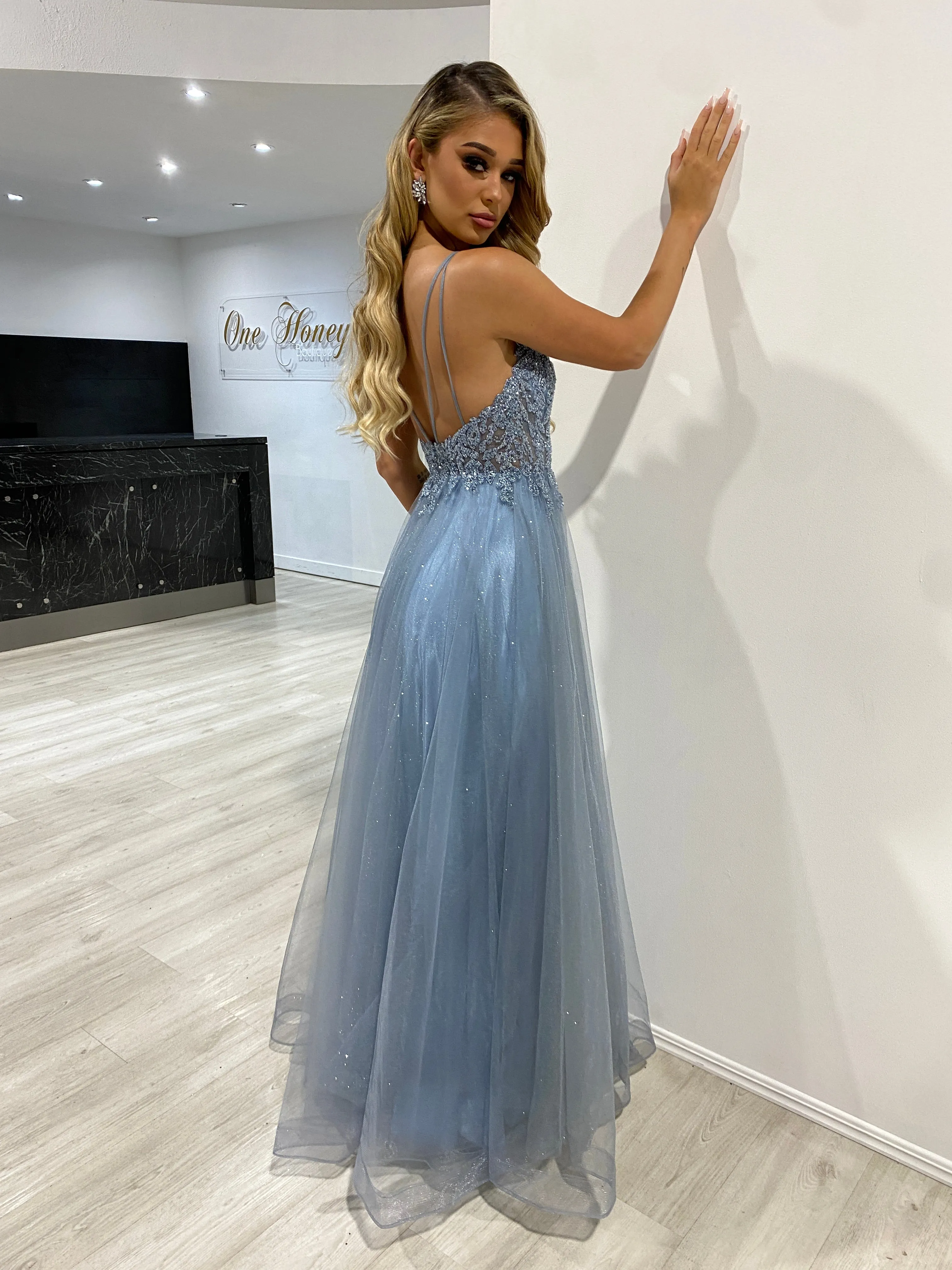 Honey Couture REGAN Smokey Blue Beaded Tulle Skirt Formal Dress