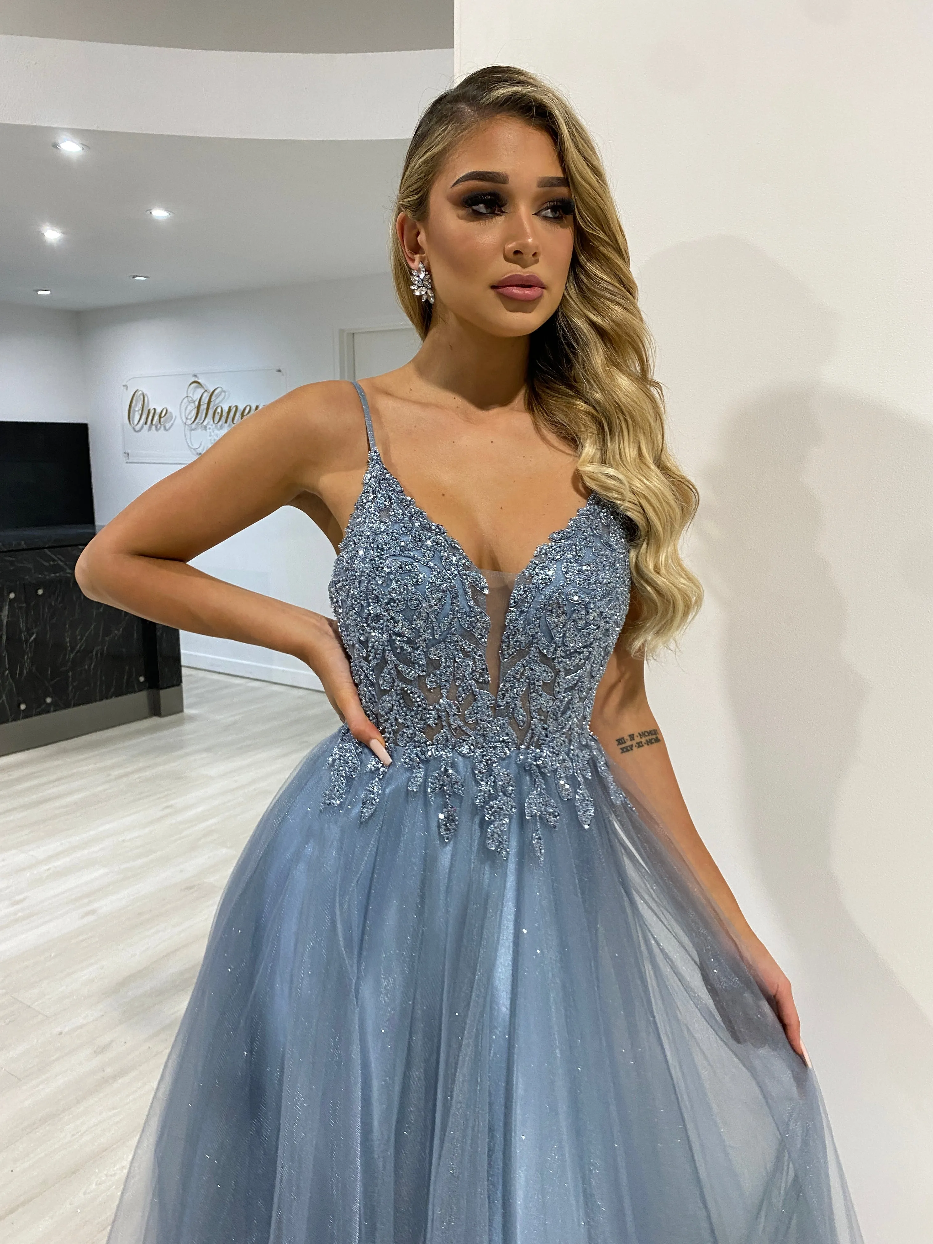 Honey Couture REGAN Smokey Blue Beaded Tulle Skirt Formal Dress