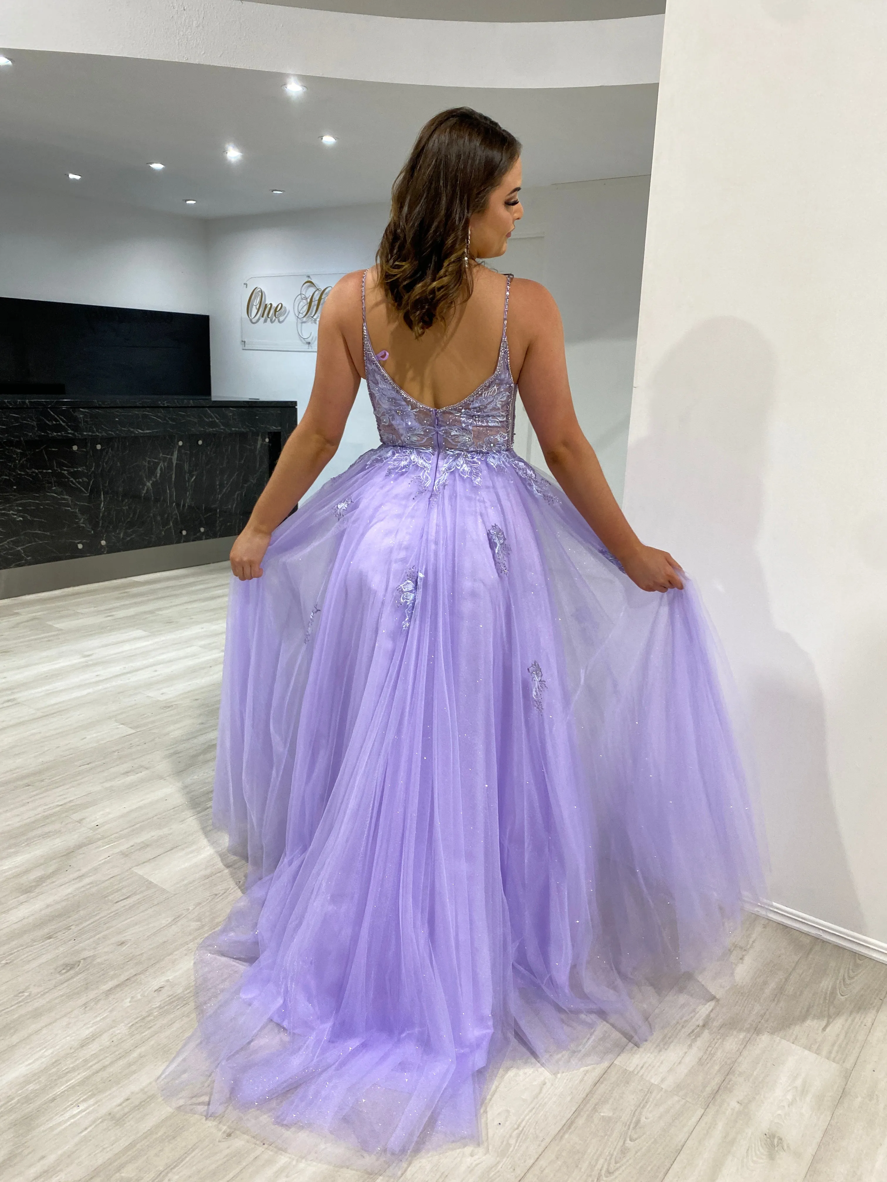 Honey Couture ROSEMARY Lilac Beaded Detail Tulle Formal Dress