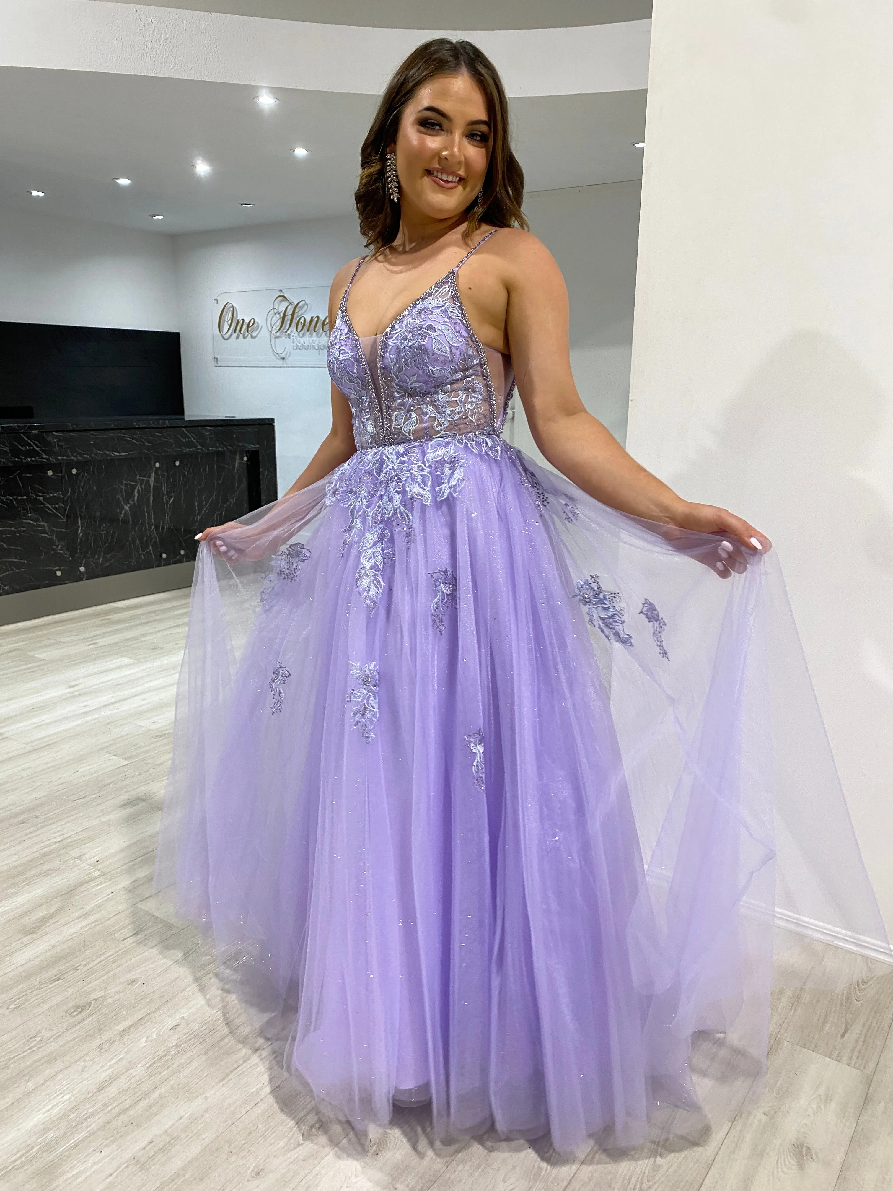 Honey Couture ROSEMARY Lilac Beaded Detail Tulle Formal Dress