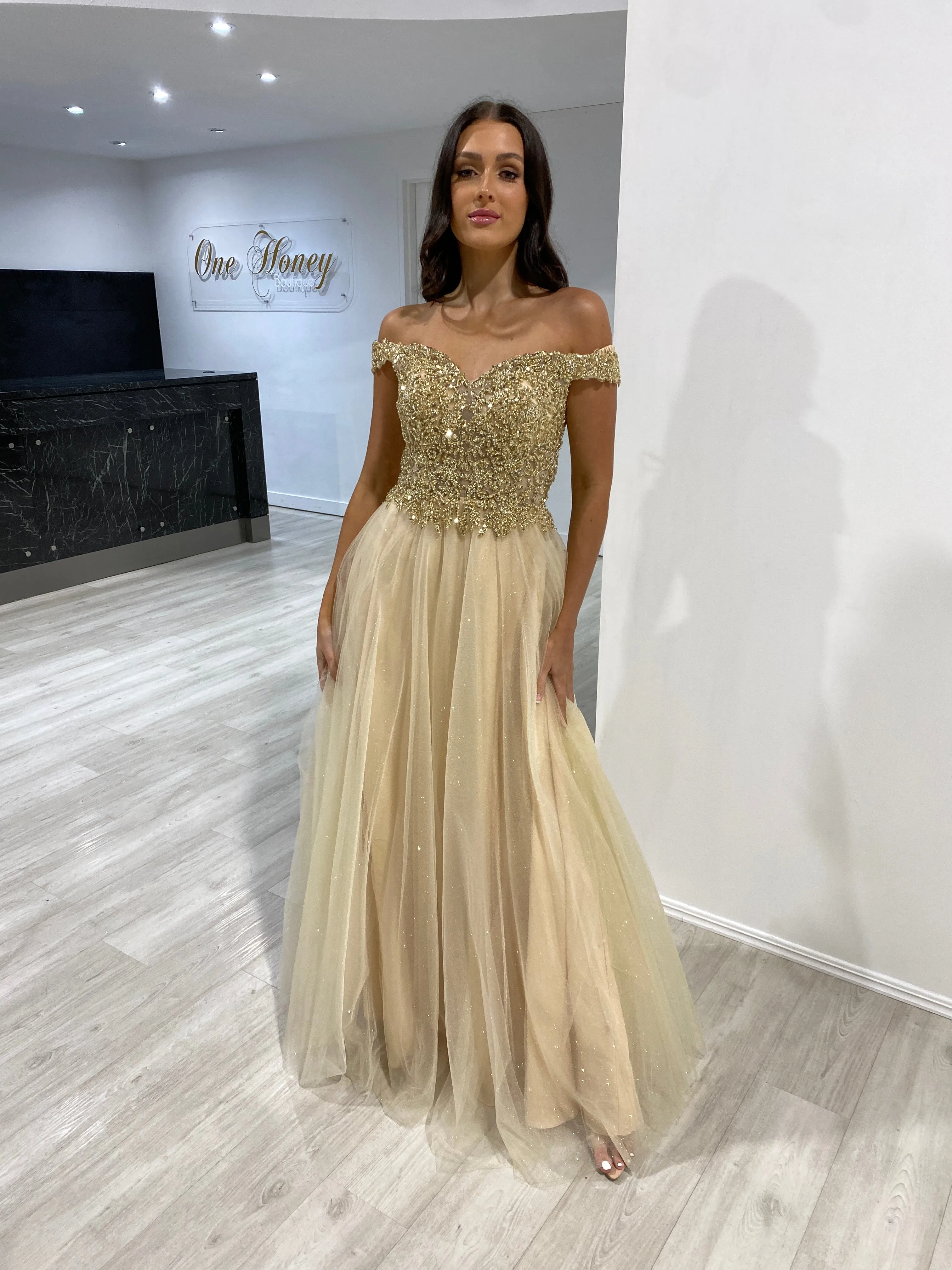 Honey Couture ROSIE Champagne Gold Off Shoulder Beaded Tulle Formal Dress