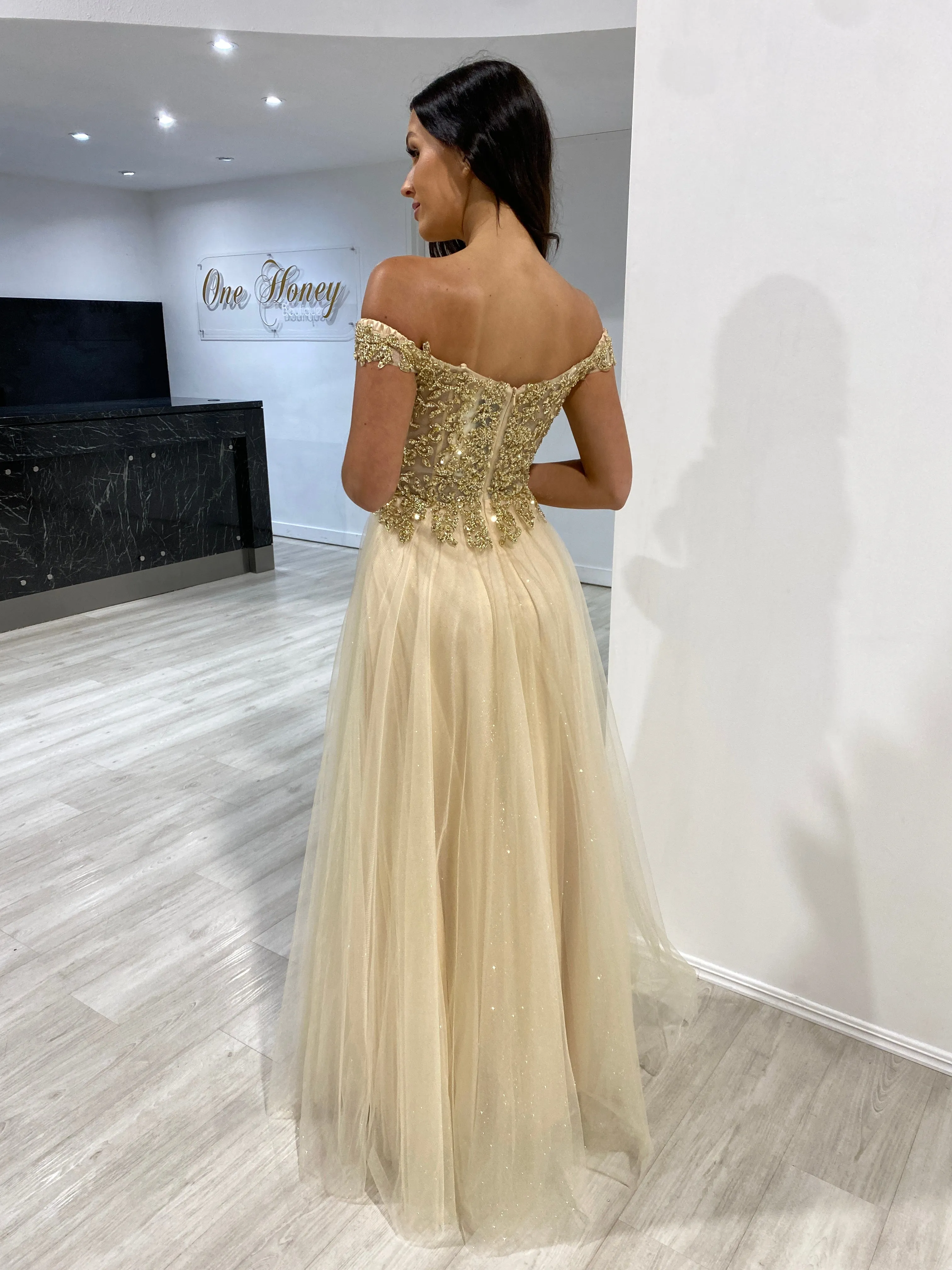 Honey Couture ROSIE Champagne Gold Off Shoulder Beaded Tulle Formal Dress