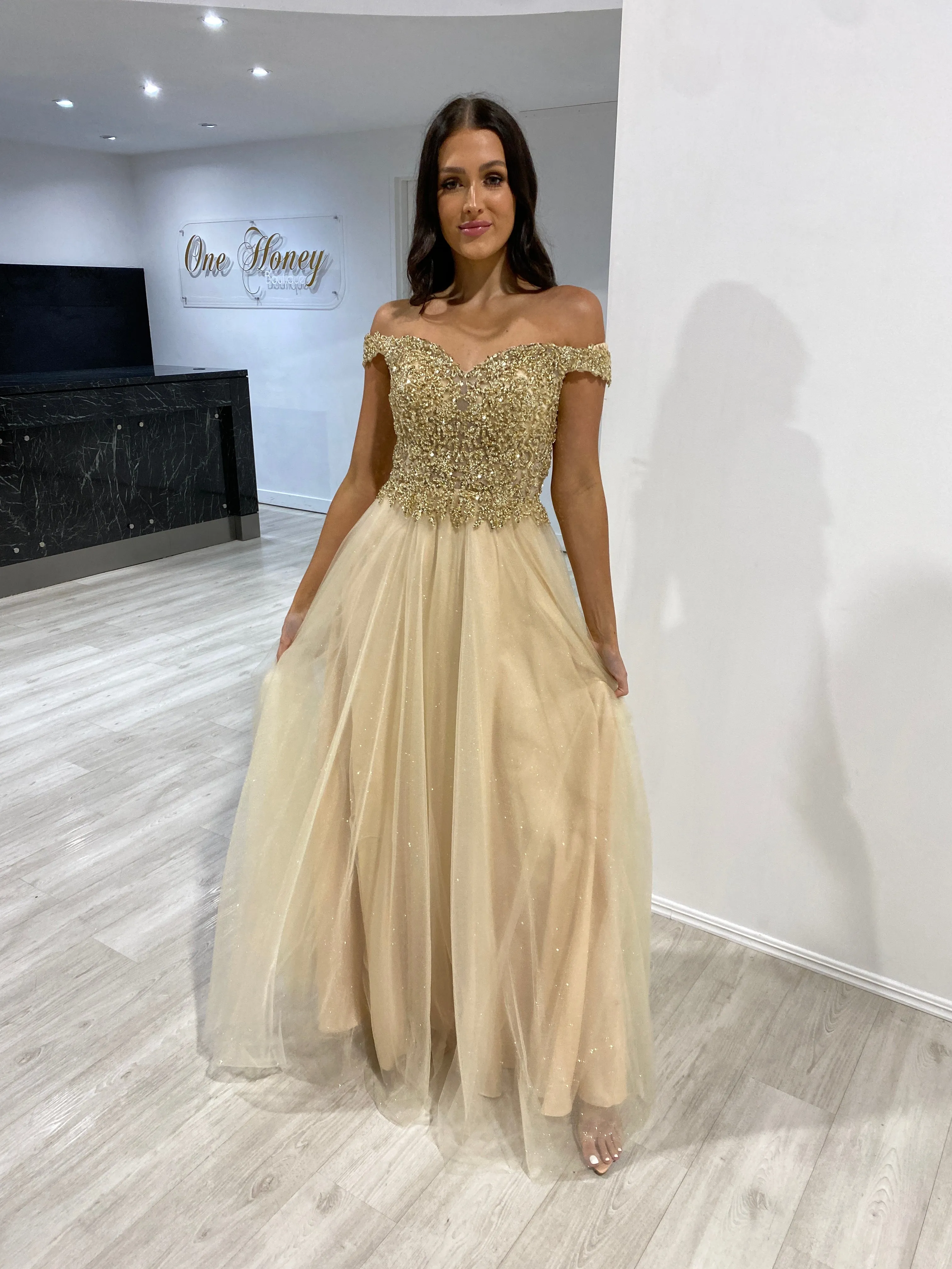 Honey Couture ROSIE Champagne Gold Off Shoulder Beaded Tulle Formal Dress