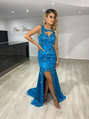 Honey Couture SERENA Blue Sequin Beaded Applique Leg Split Formal Dress