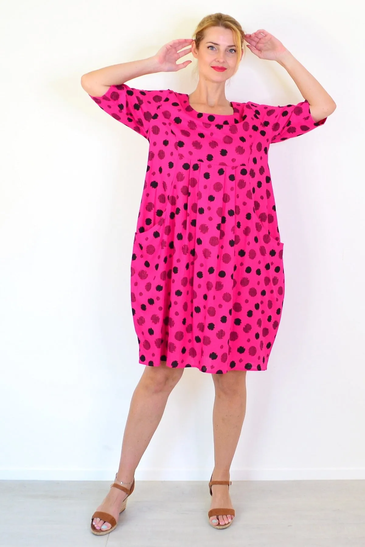 Hot Pink Dots Linen Blend Tunic Dress