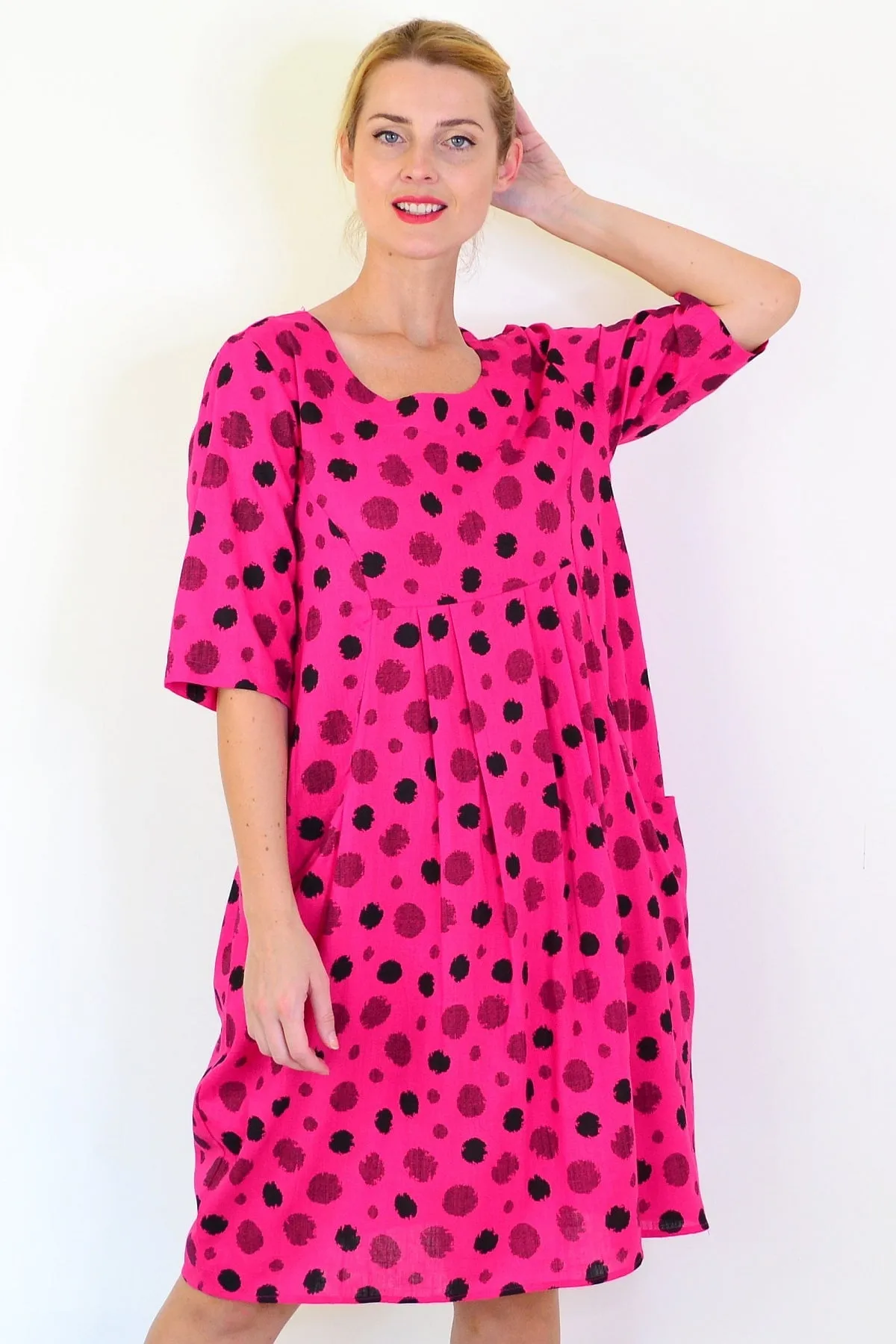 Hot Pink Dots Linen Blend Tunic Dress