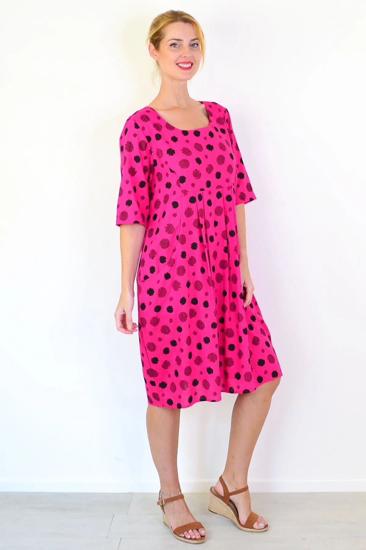 Hot Pink Dots Linen Blend Tunic Dress