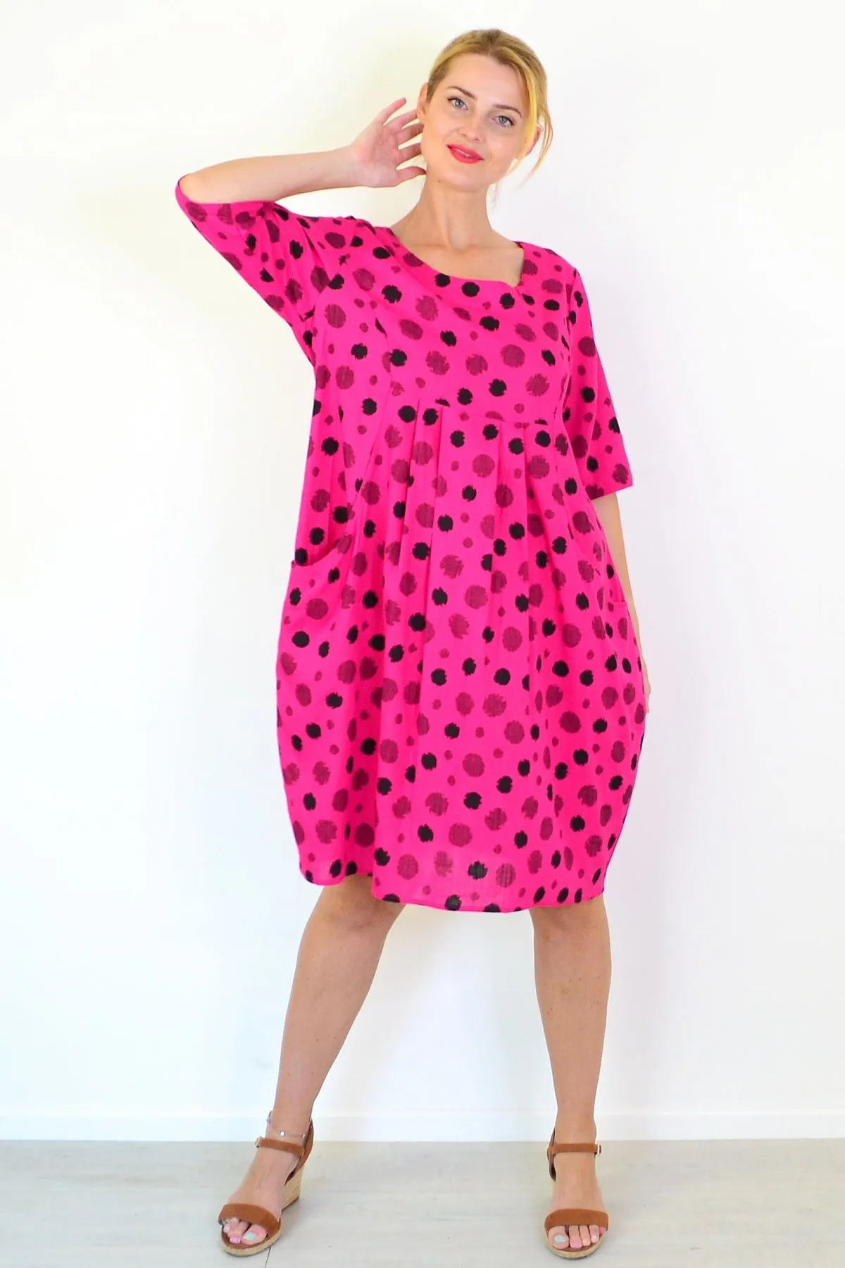 Hot Pink Dots Linen Blend Tunic Dress