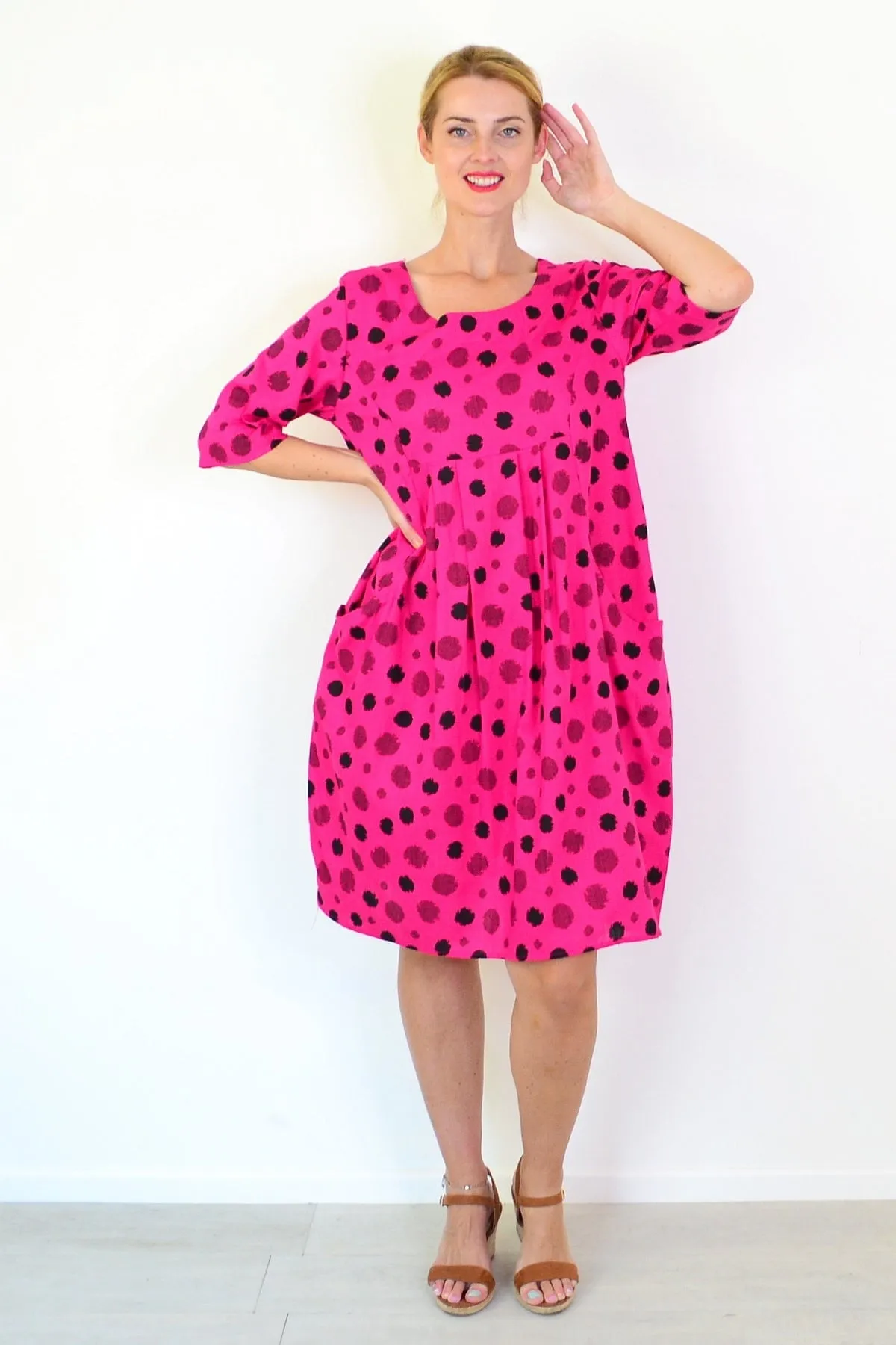 Hot Pink Dots Linen Blend Tunic Dress