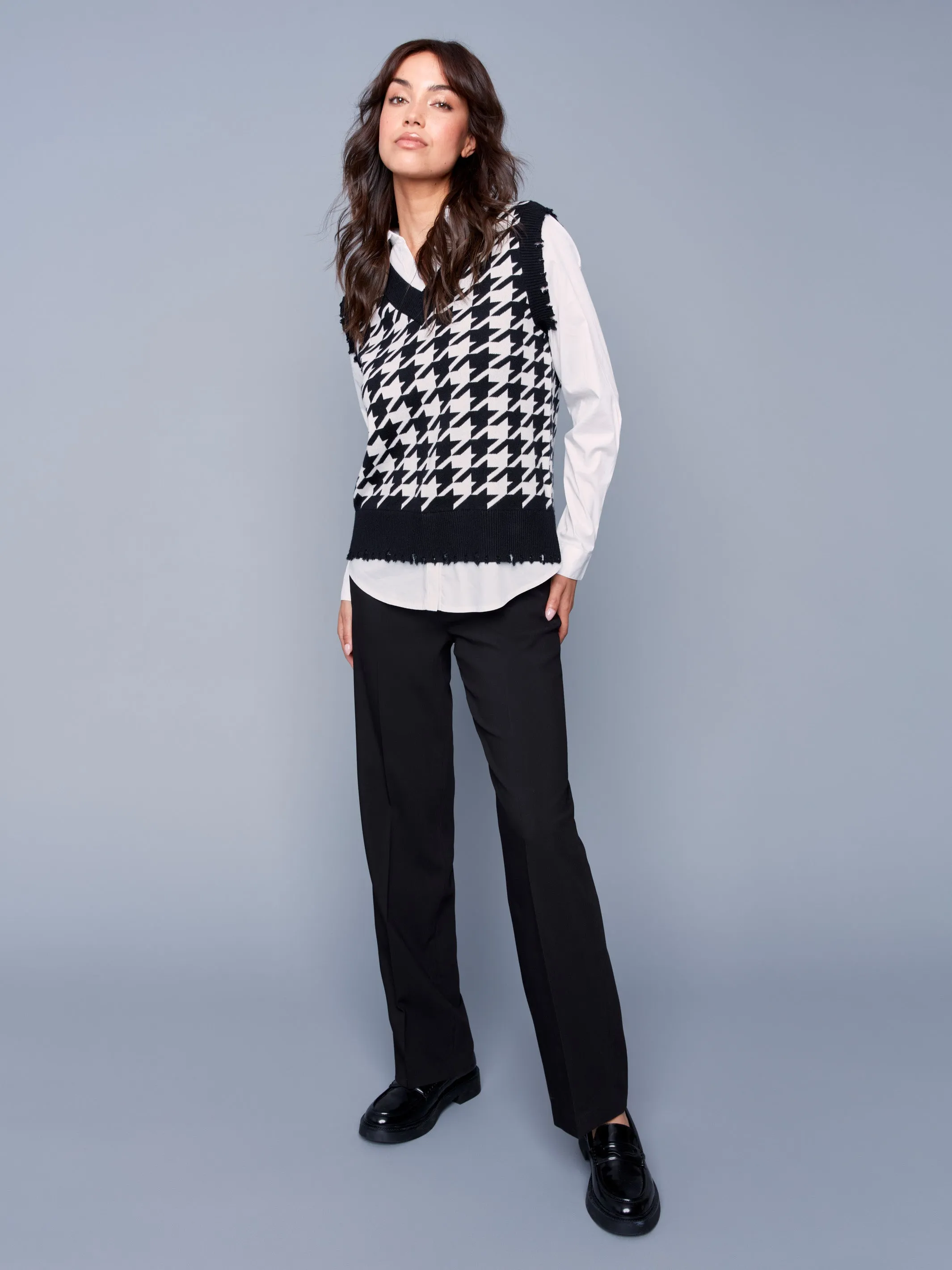 Houndstooth Fooler Vest with Shirt Collar - Pepper