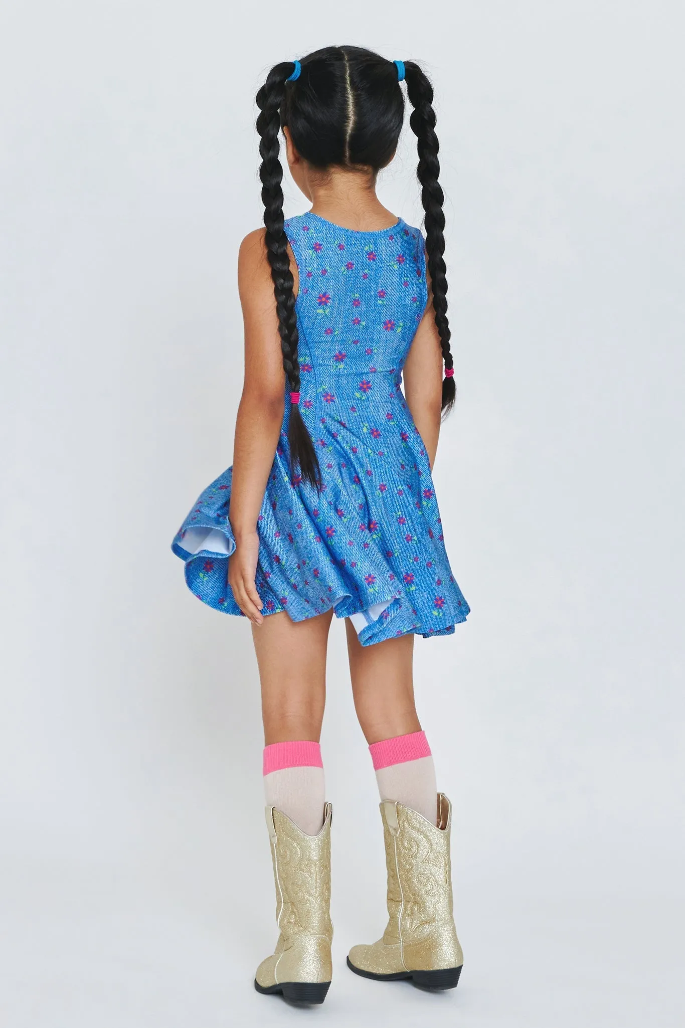 Kids Skater Dress in Floral Denim