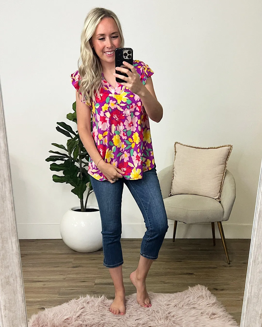 Kim Notched Neck Flutter Sleeve Top - Magenta Floral FINAL SALE