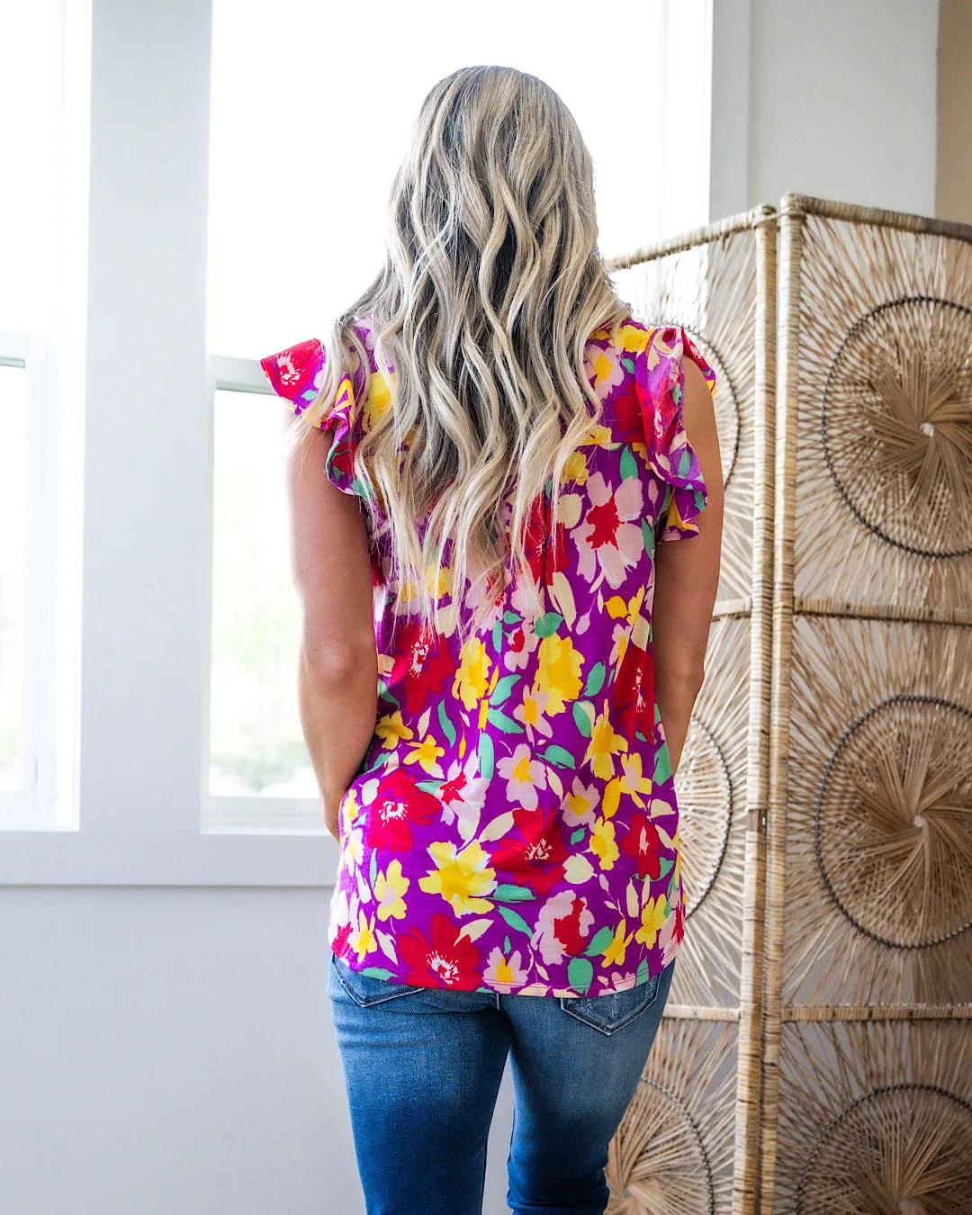 Kim Notched Neck Flutter Sleeve Top - Magenta Floral FINAL SALE