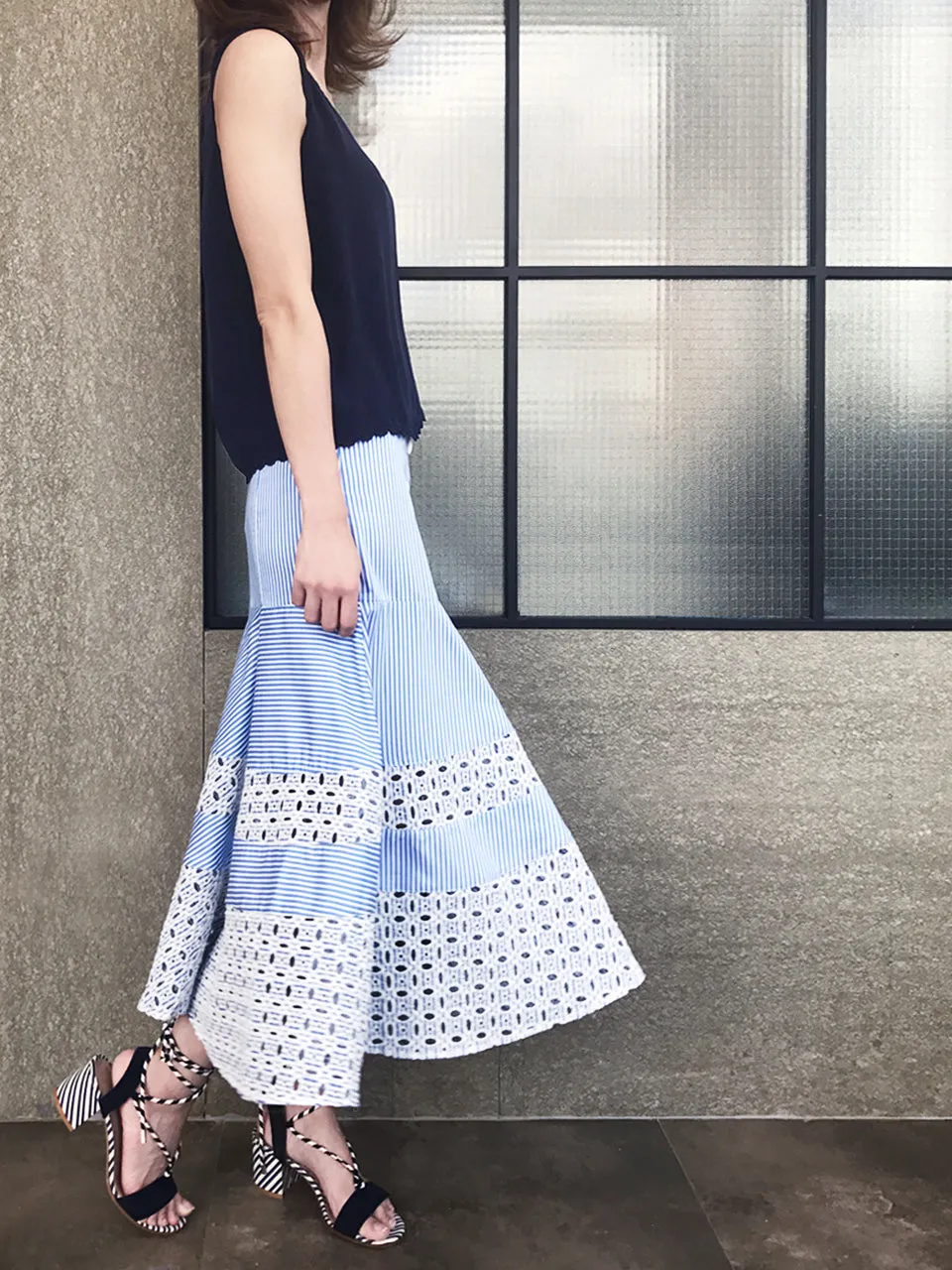 Last Chance! Blue Stripe Embroidered Lace Ruffle Midi Skirt