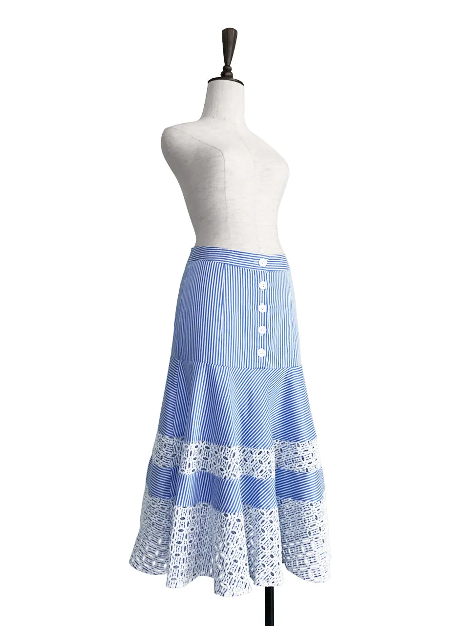 Last Chance! Blue Stripe Embroidered Lace Ruffle Midi Skirt