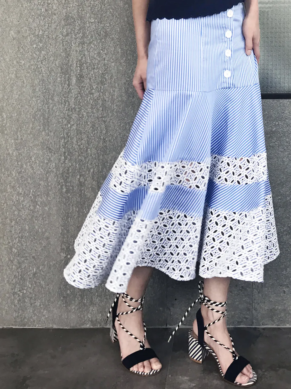 Last Chance! Blue Stripe Embroidered Lace Ruffle Midi Skirt