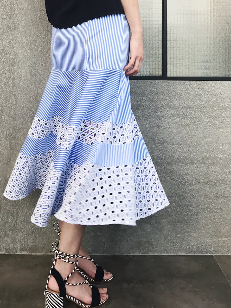 Last Chance! Blue Stripe Embroidered Lace Ruffle Midi Skirt