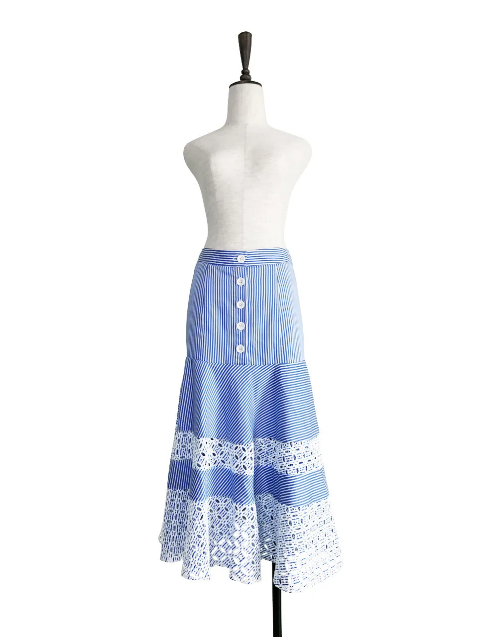 Last Chance! Blue Stripe Embroidered Lace Ruffle Midi Skirt