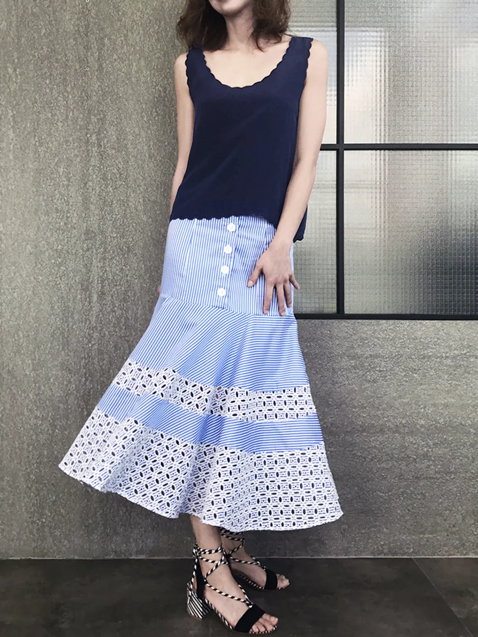 Last Chance! Blue Stripe Embroidered Lace Ruffle Midi Skirt