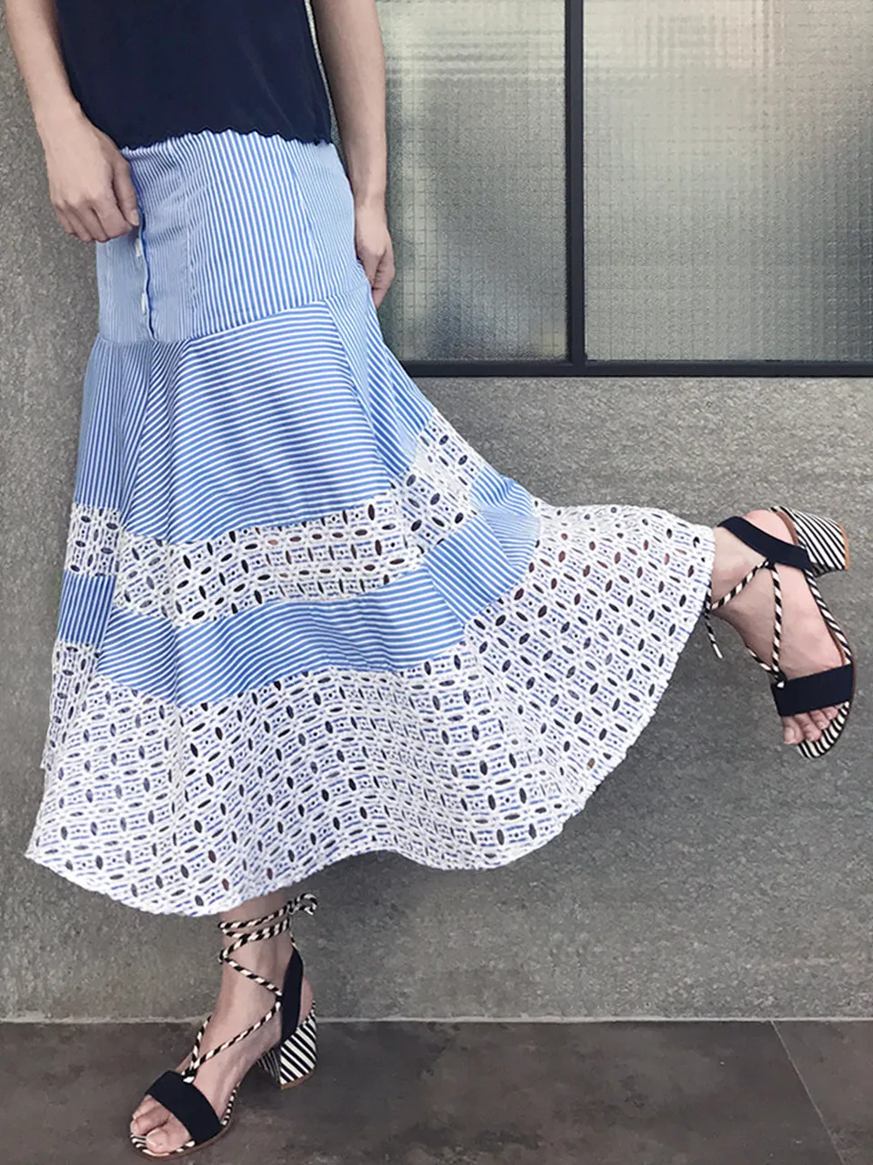 Last Chance! Blue Stripe Embroidered Lace Ruffle Midi Skirt