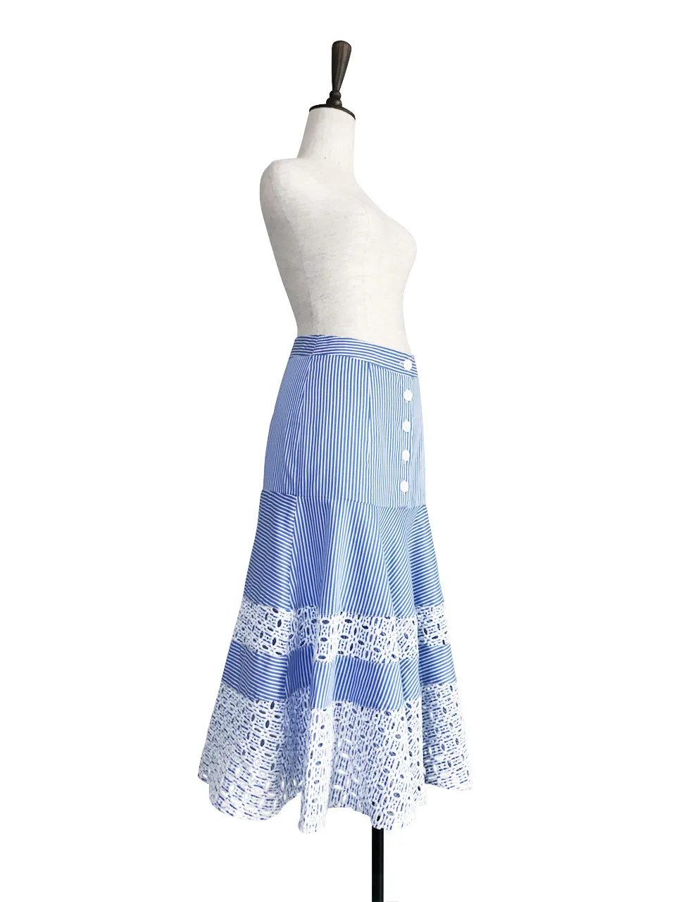 Last Chance! Blue Stripe Embroidered Lace Ruffle Midi Skirt